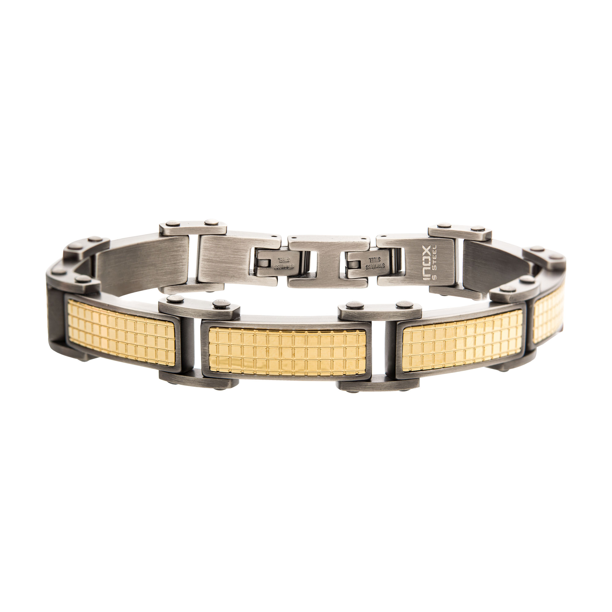 Gun Metal Plated with 18K Gold Plated Grid Inlay Link Bracelet Milano Jewelers Pembroke Pines, FL