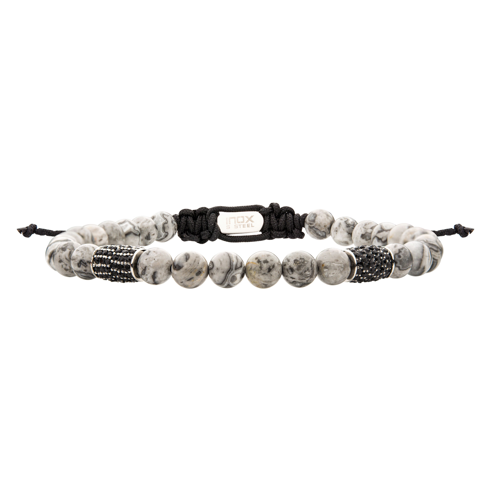 Stainless Steel Beads with Black CZ & Grey Jasper Stone Bead Adjustable Non-Braided Bracelet Lee Ann's Fine Jewelry Russellville, AR