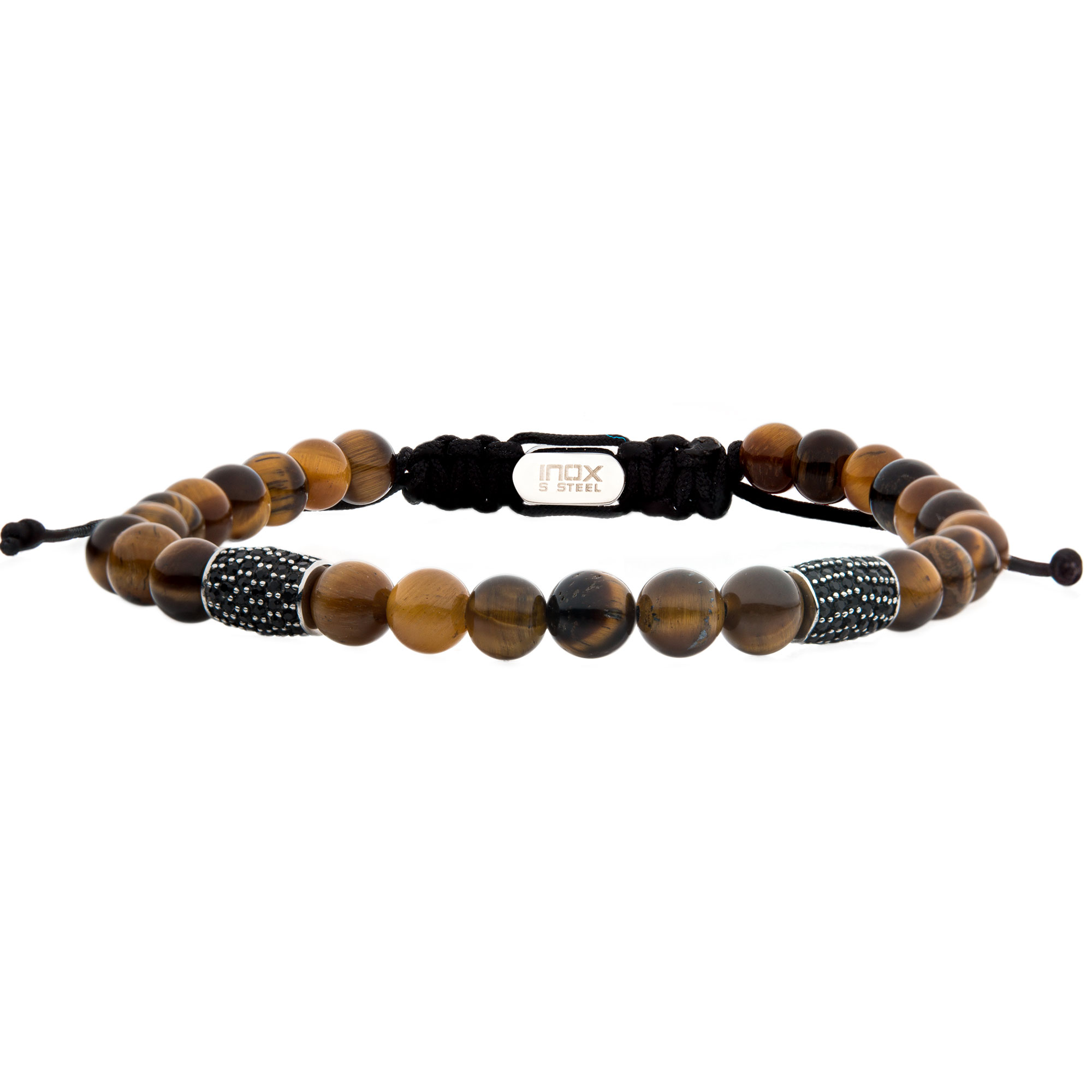 Stainless Steel Beads with Black CZ & Tiger Eye Stone Bead Adjustable Non-Braided Bracelet Glatz Jewelry Aliquippa, PA