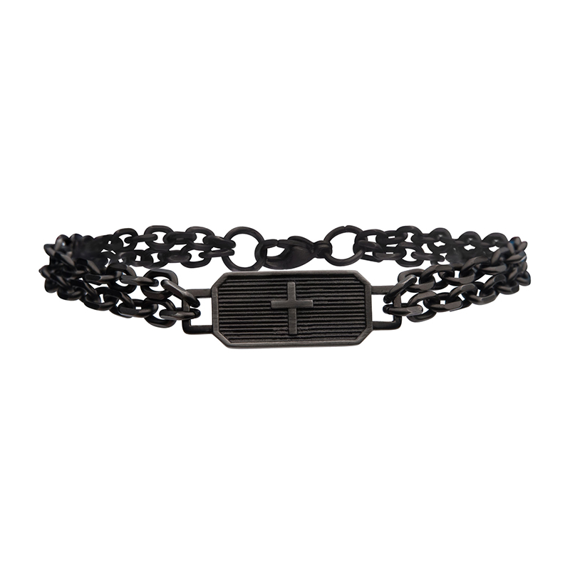 Gun Metal IP Cross ID Plate with Double Chain Link Bracelet Enchanted Jewelry Plainfield, CT