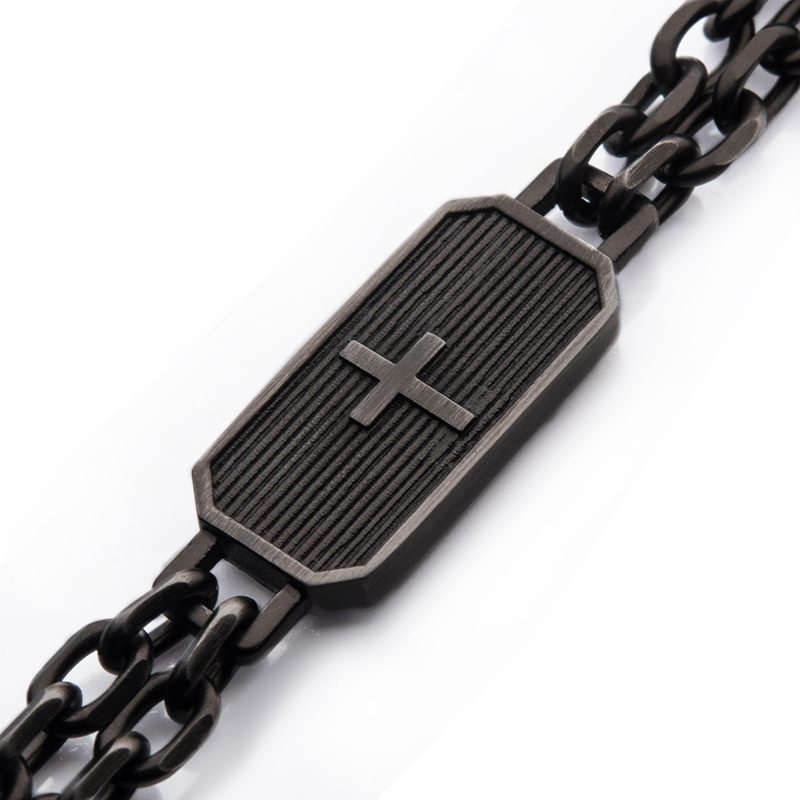 Gun Metal IP Cross ID Plate with Double Chain Link Bracelet Image 2 Enchanted Jewelry Plainfield, CT
