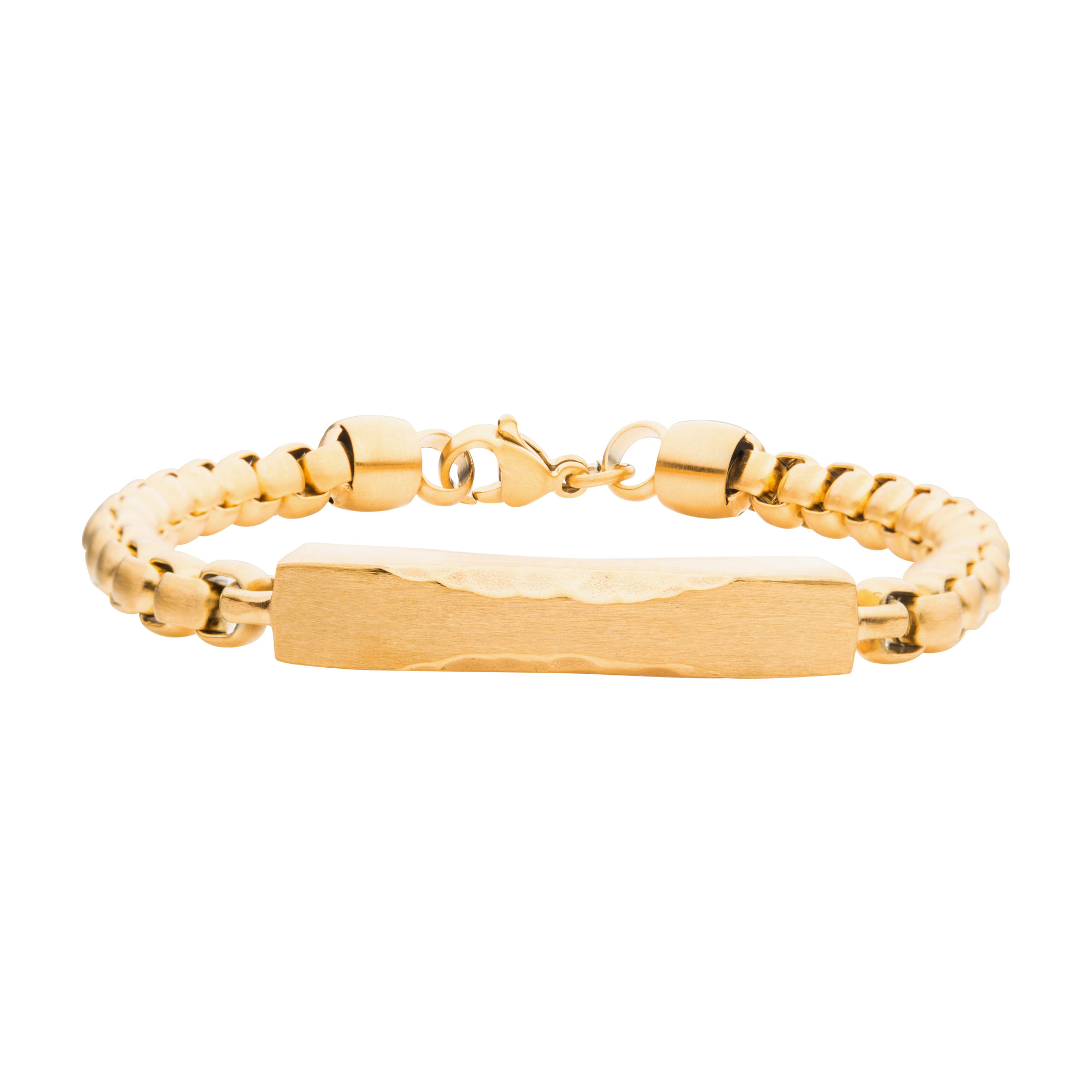 Matte 18K Gold IP Chiseled Engravable Drop with Bold Box Chain Bracelet Milano Jewelers Pembroke Pines, FL