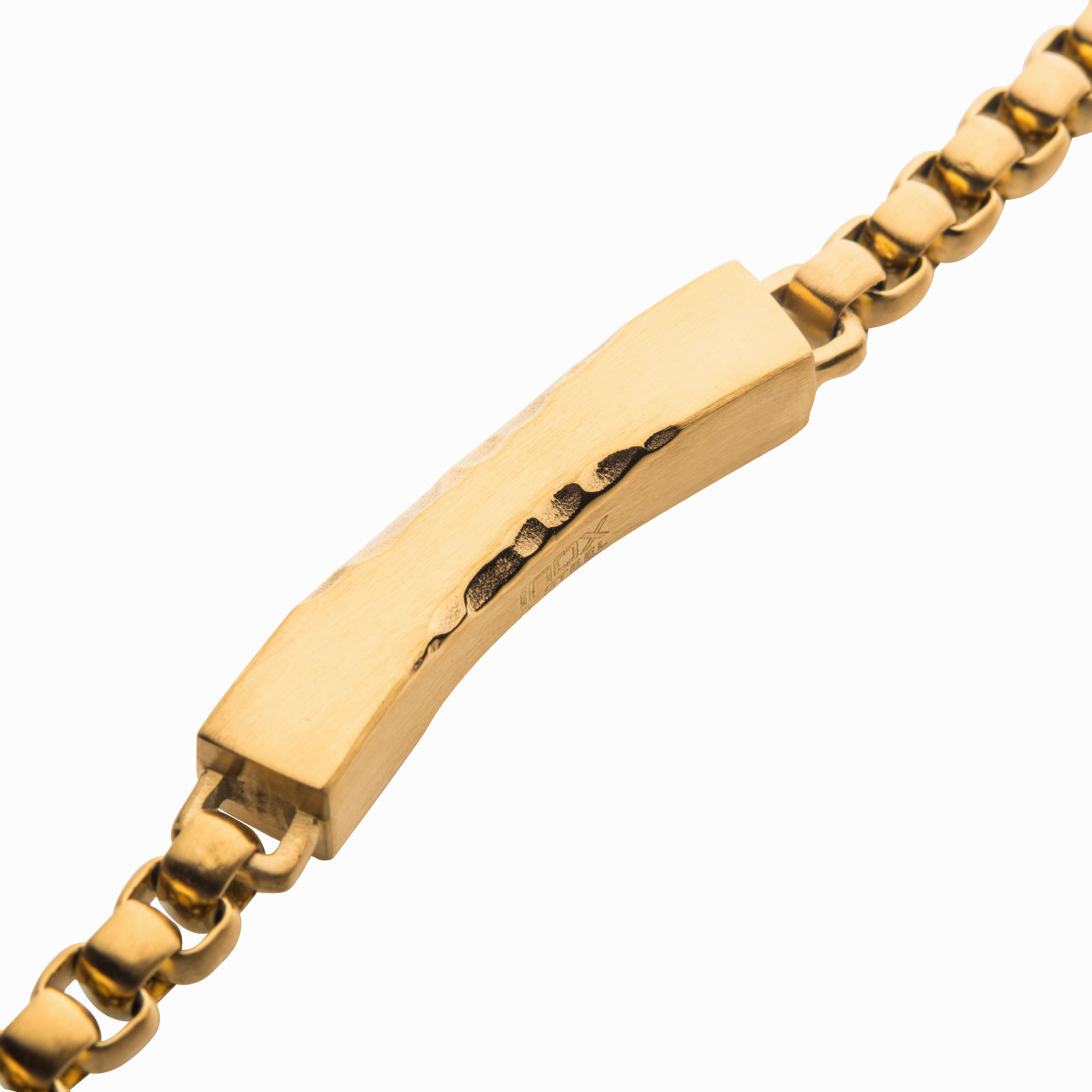 Matte 18K Gold IP Chiseled Engravable Drop with Bold Box Chain Bracelet Image 2 P.K. Bennett Jewelers Mundelein, IL