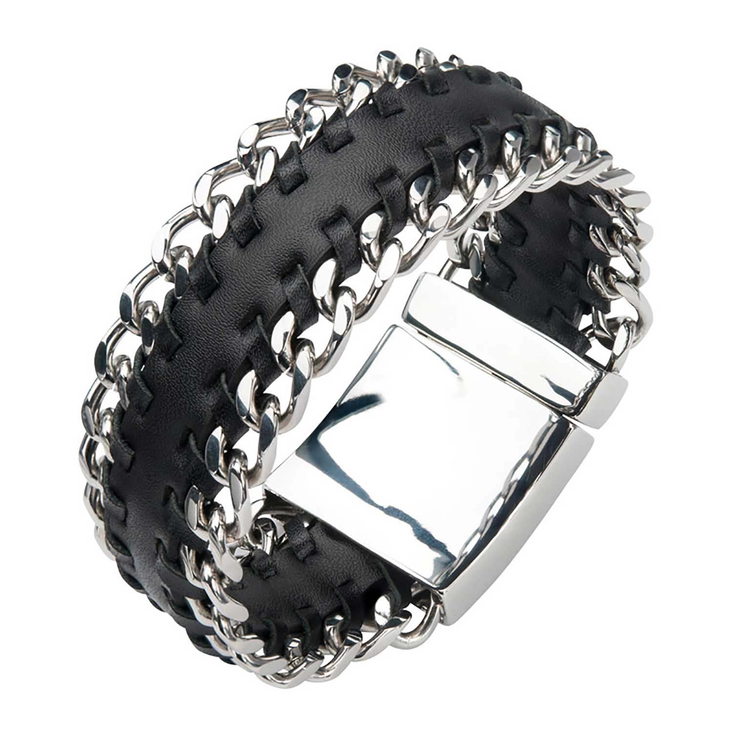 Black Leather with Steel Curb Chain Both Sides Bracelet Midtown Diamonds Reno, NV