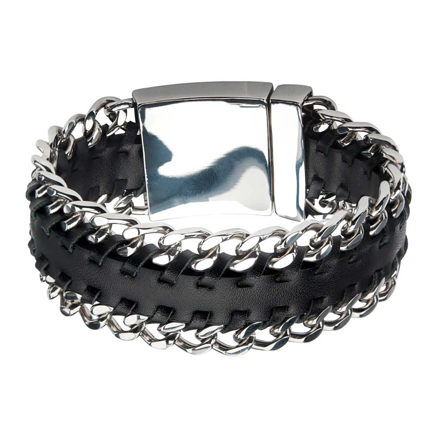 Black Leather with Steel Curb Chain Both Sides Bracelet Image 2 Midtown Diamonds Reno, NV