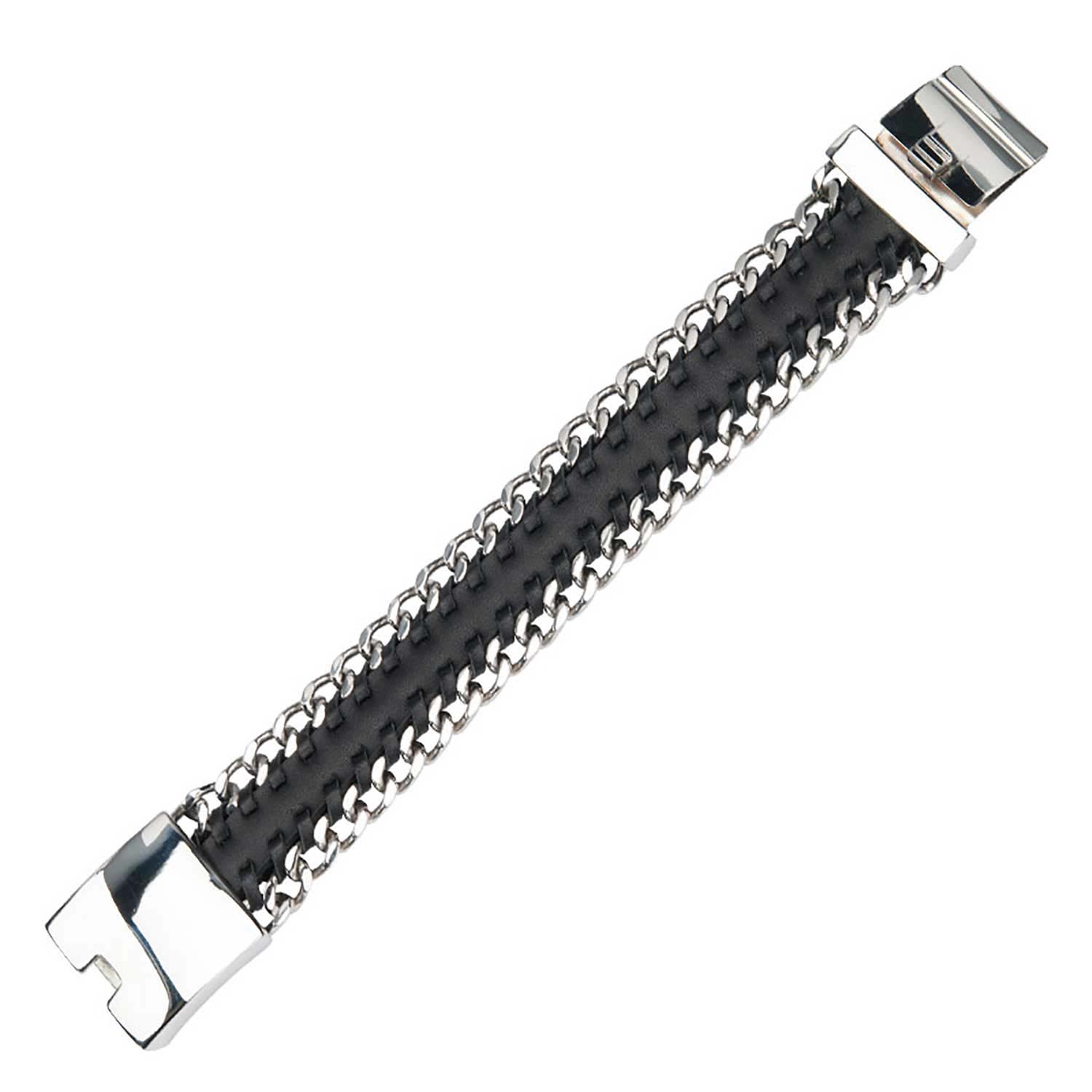 Black Leather with Steel Curb Chain Both Sides Bracelet Image 4 Midtown Diamonds Reno, NV