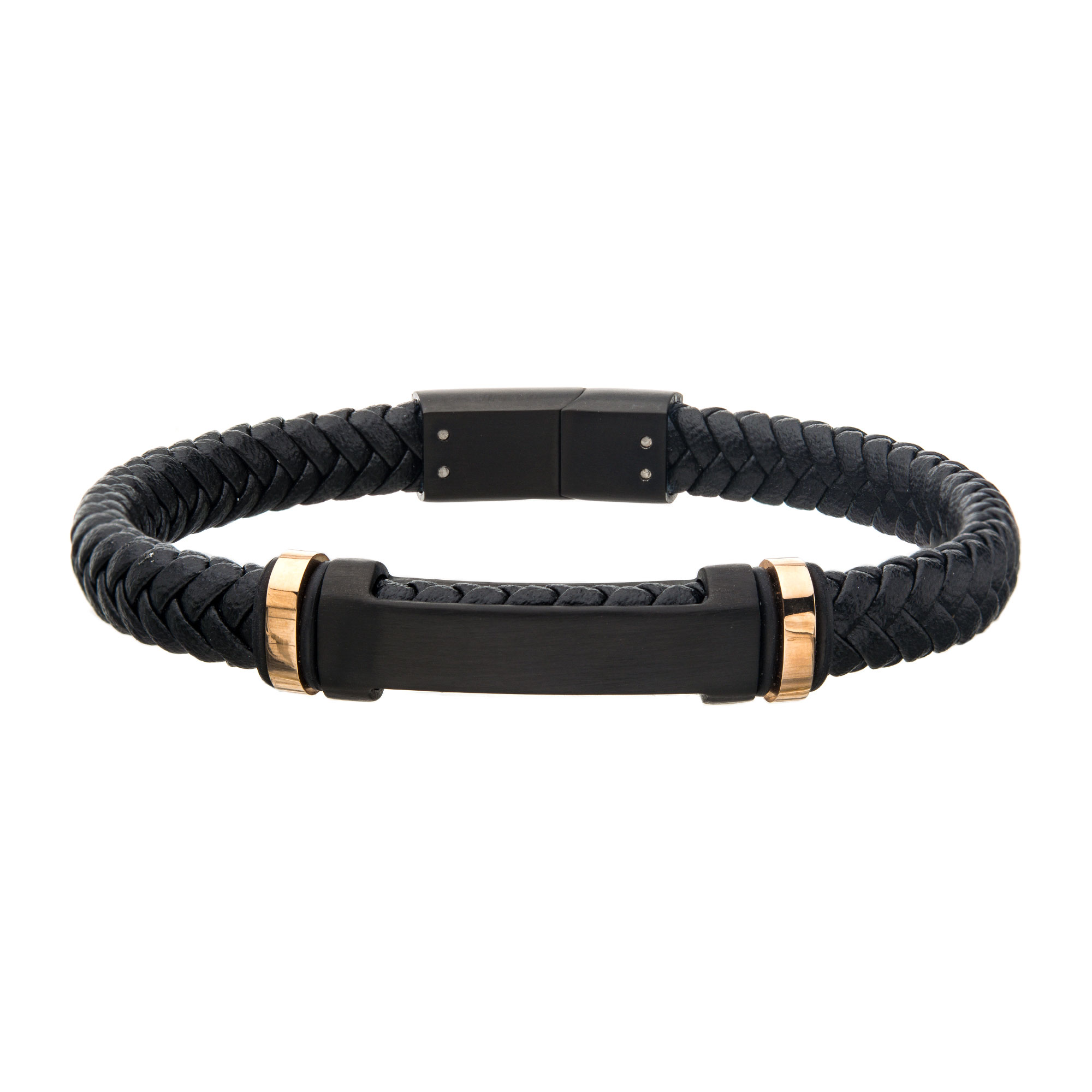 Black Leather with Rose Gold IP Beads & Black IP Engravable ID Bracelet Mueller Jewelers Chisago City, MN