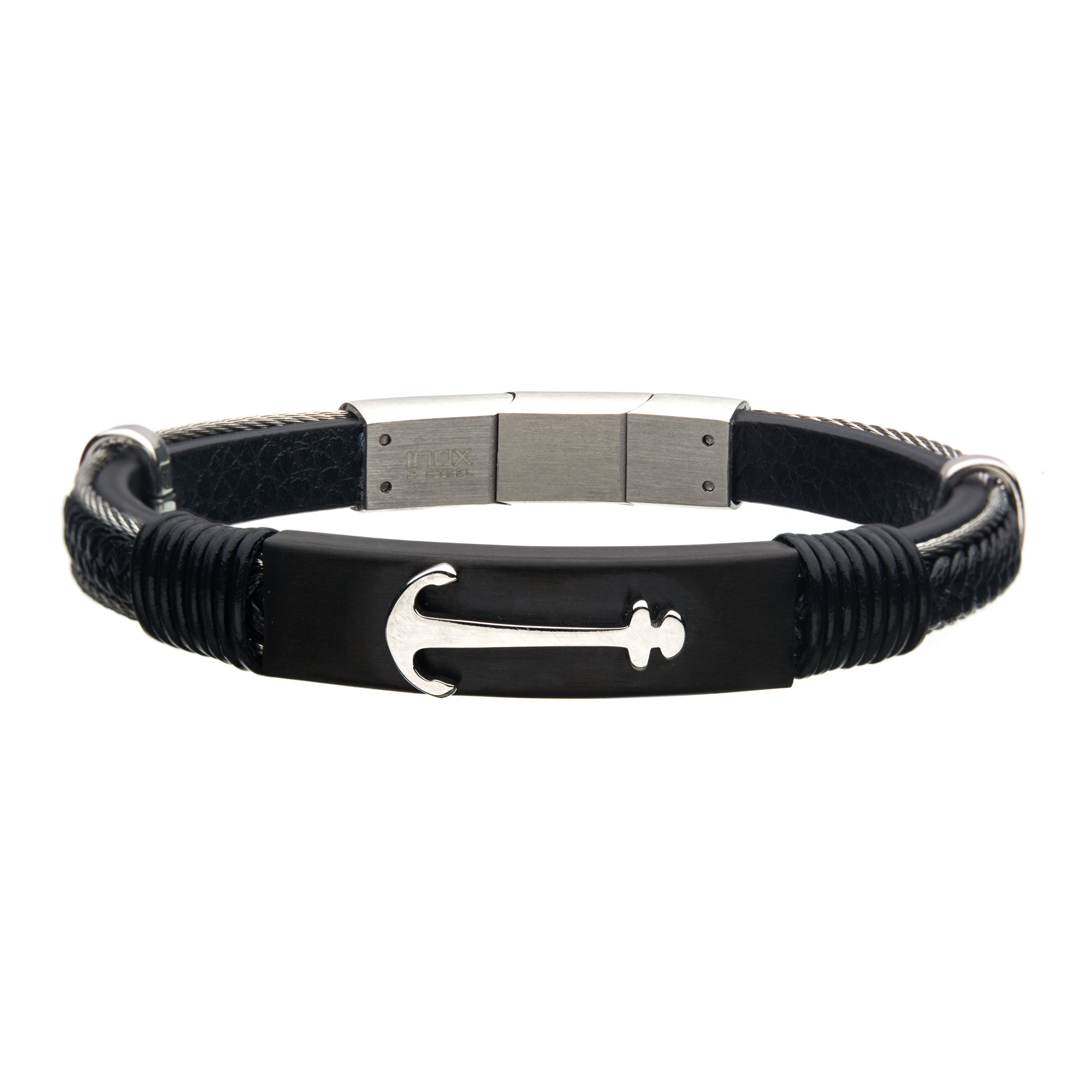 Black Leather with Steel Anchor Bracelet Milano Jewelers Pembroke Pines, FL