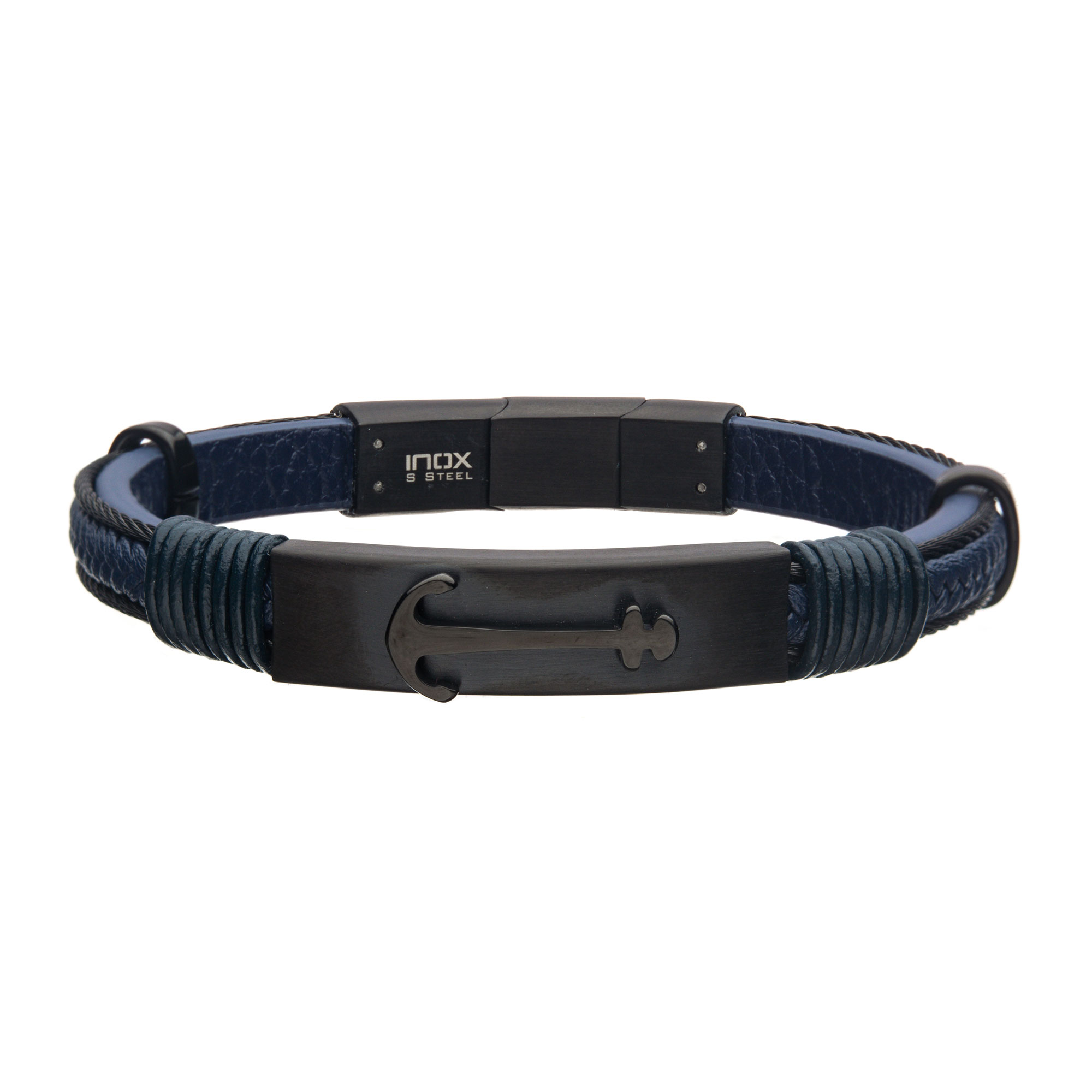 Blue Leather with Black IP Anchor Bracelet Milano Jewelers Pembroke Pines, FL