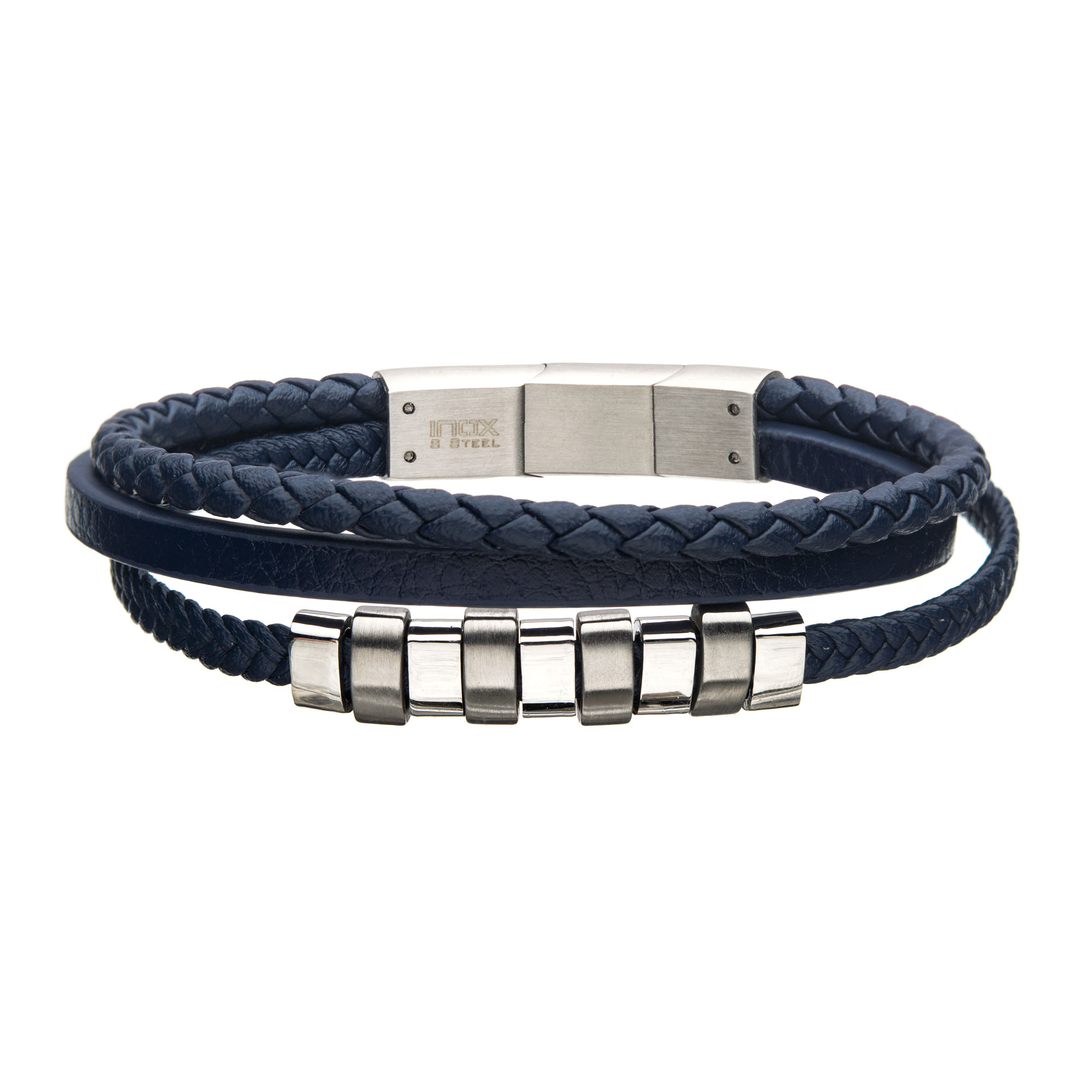 Blue Braided Multi Leather with Steel Beads Bracelet Carroll / Ochs Jewelers Monroe, MI