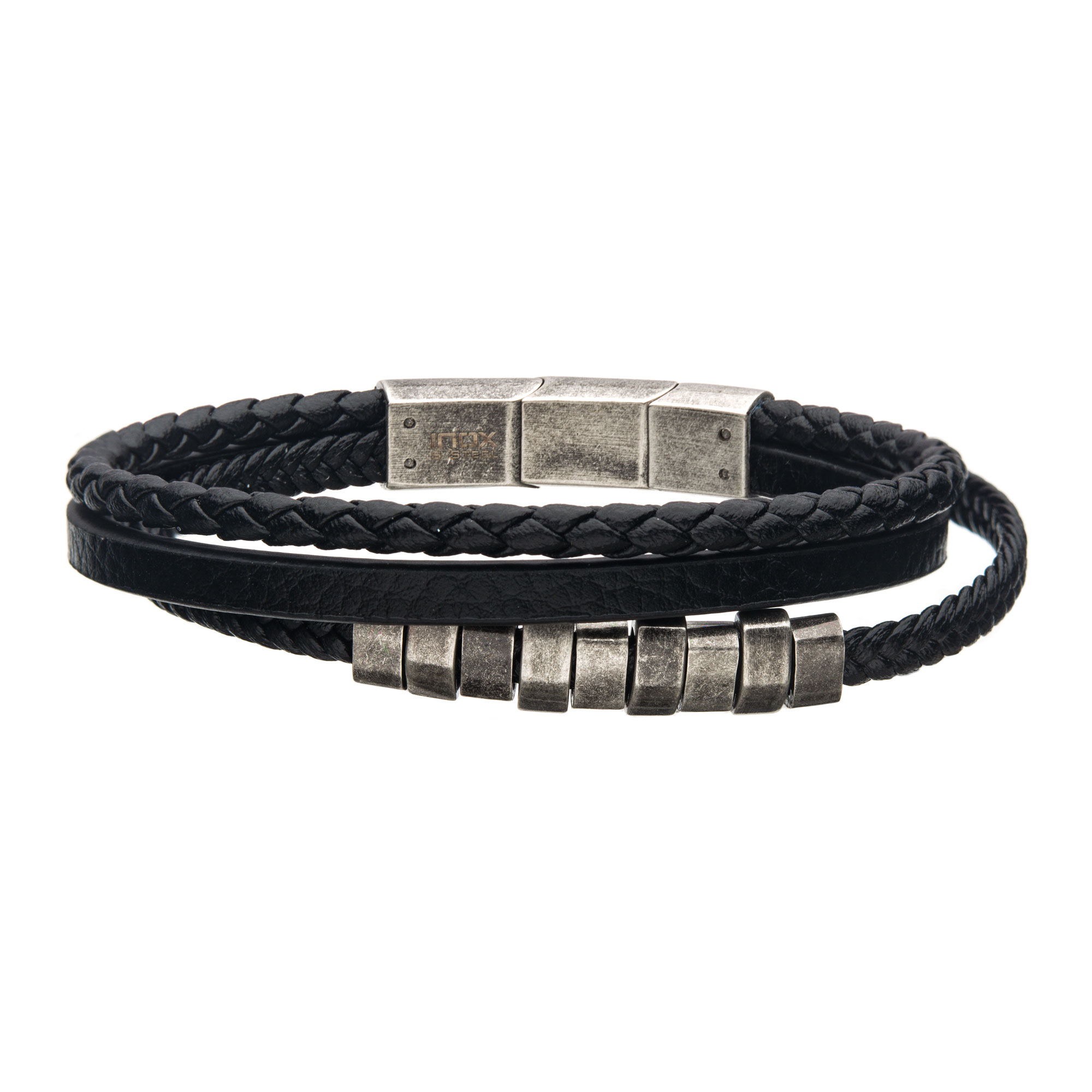 Black Braided Multi Leather with Antiqued Steel Beads Bracelet Milano Jewelers Pembroke Pines, FL