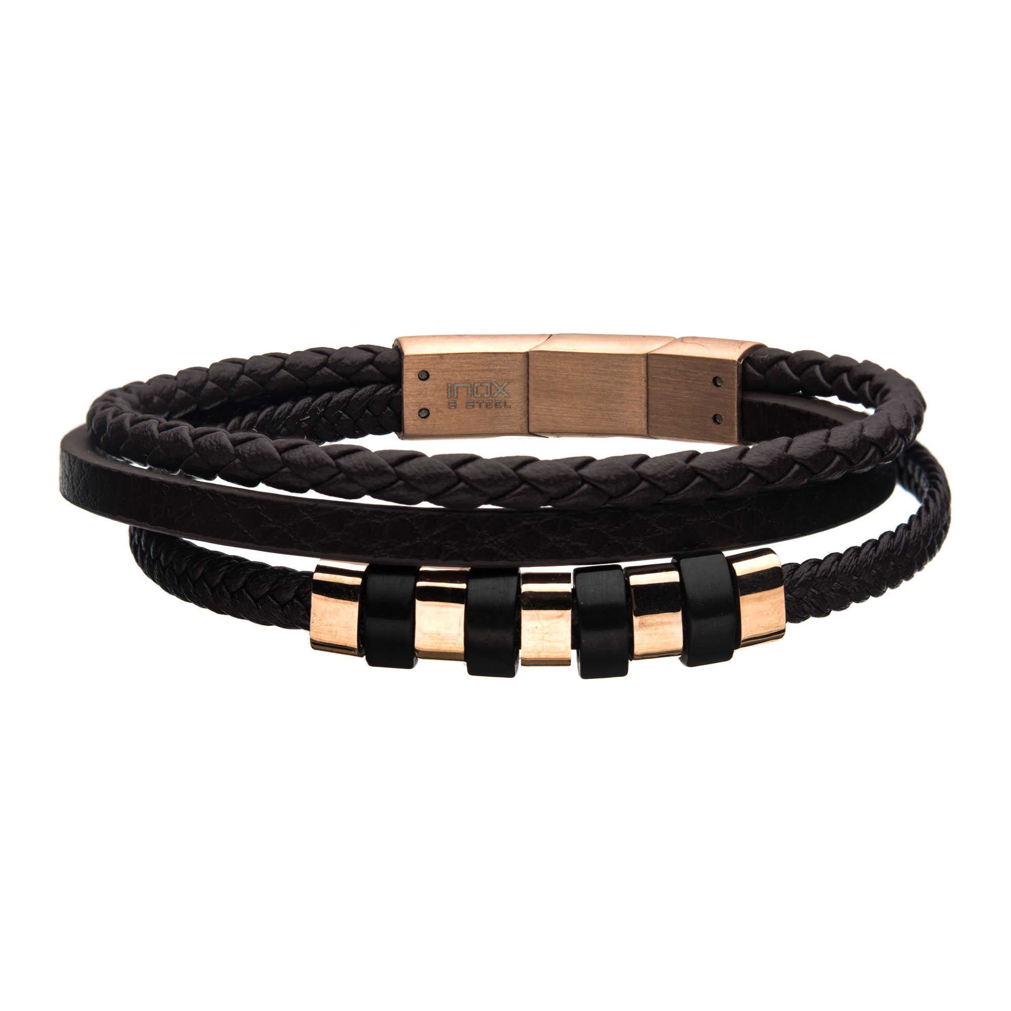 Brown Braided Multi Leather with Steel & Rose Gold IP Beads Bracelet Milano Jewelers Pembroke Pines, FL