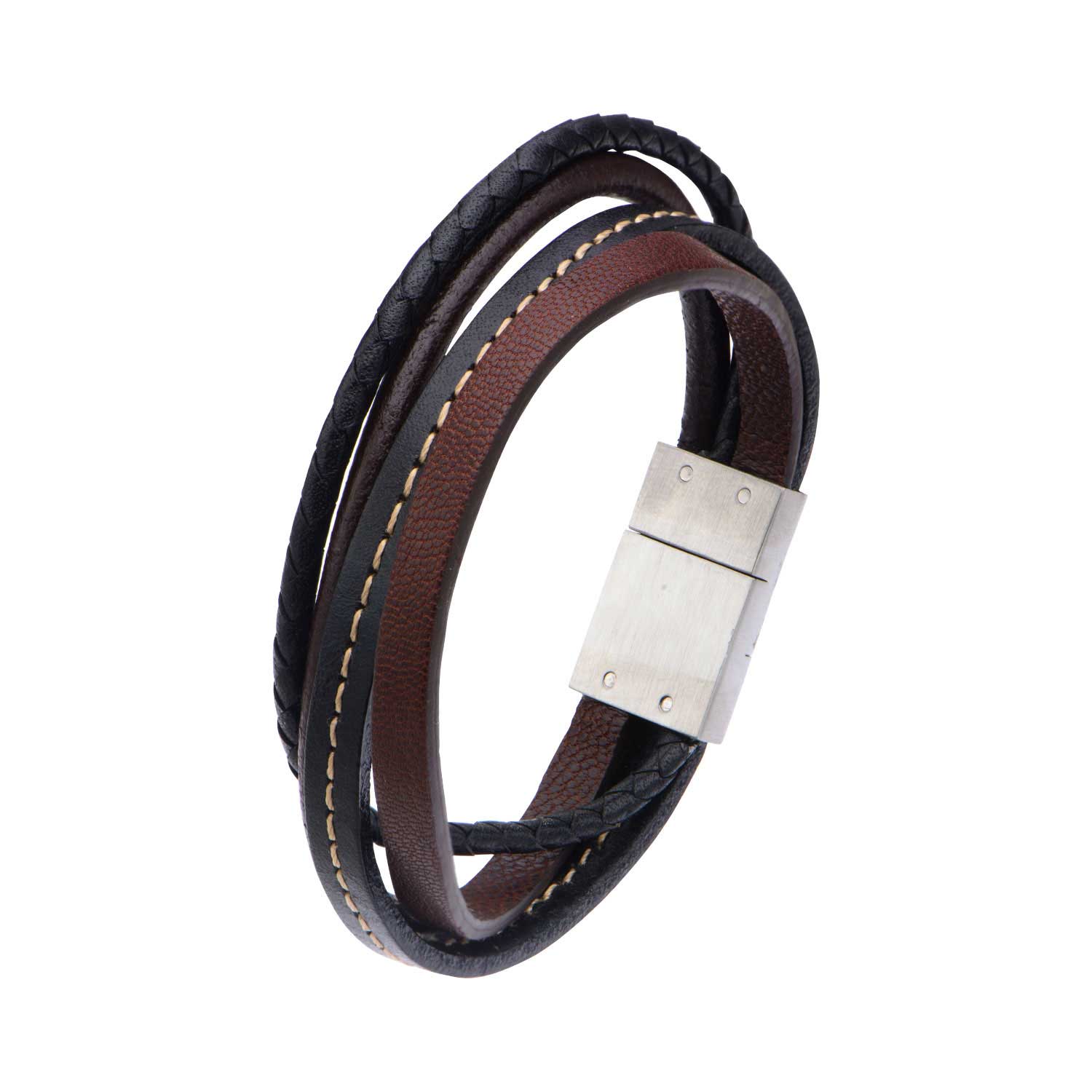 Brown and Black Leather in Brown Thread Layered Bracelet Image 2 Midtown Diamonds Reno, NV