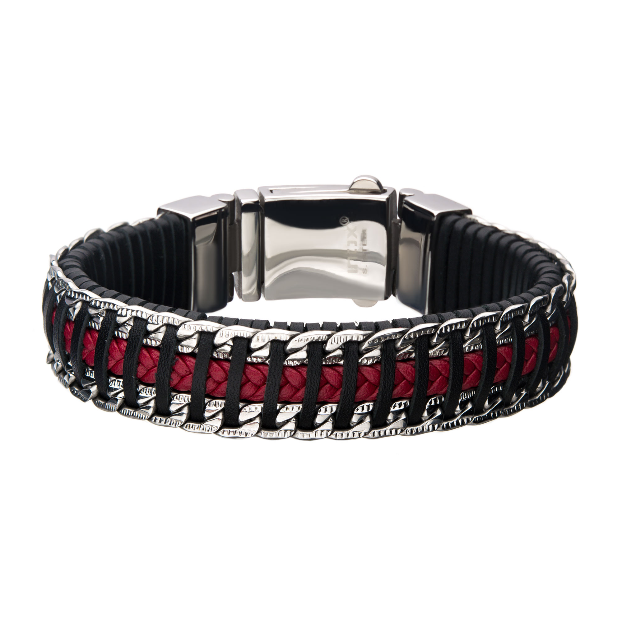 Red & Black Weave Leather with Steel Chain Bracelet Midtown Diamonds Reno, NV