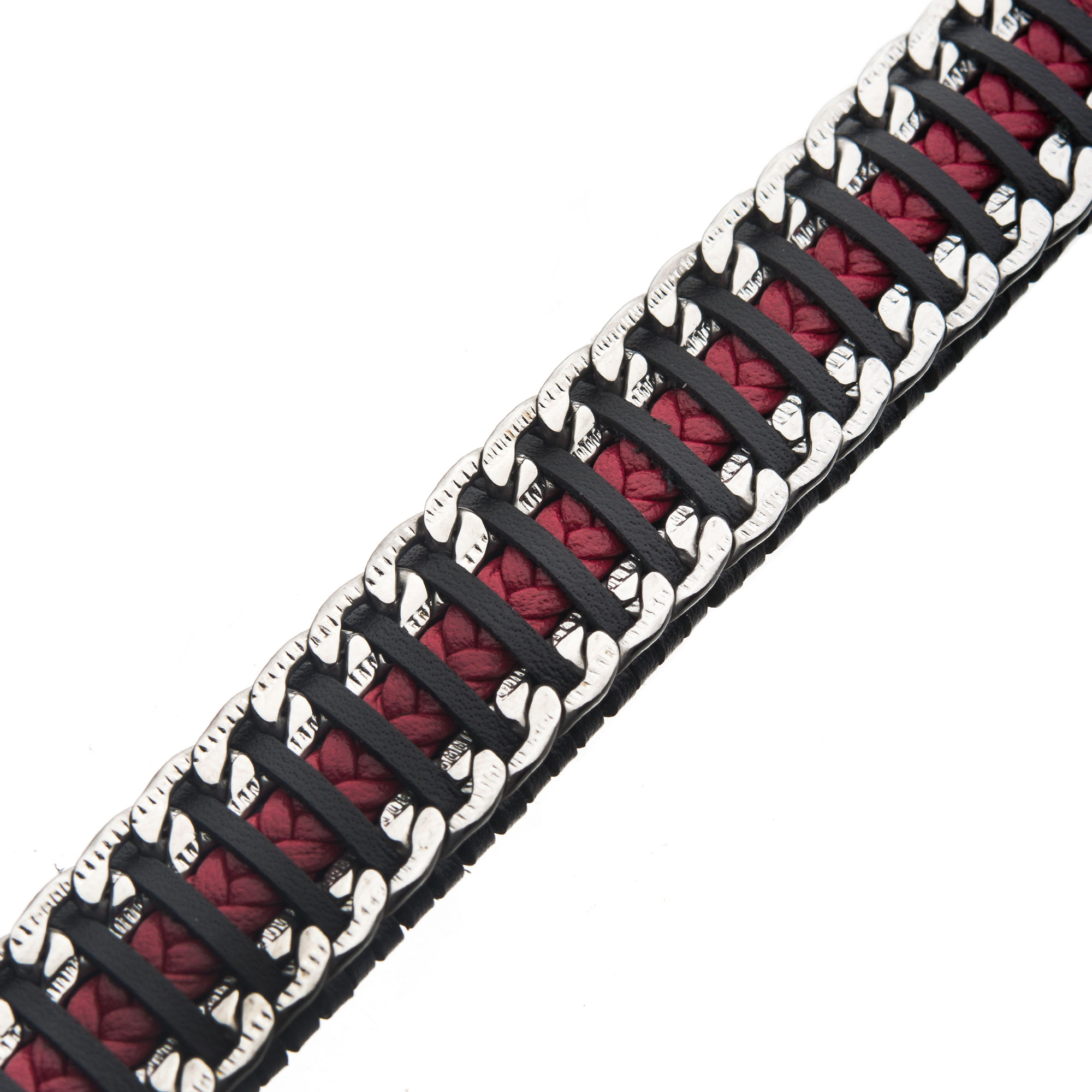 Red & Black Weave Leather with Steel Chain Bracelet Image 2 Enchanted Jewelry Plainfield, CT