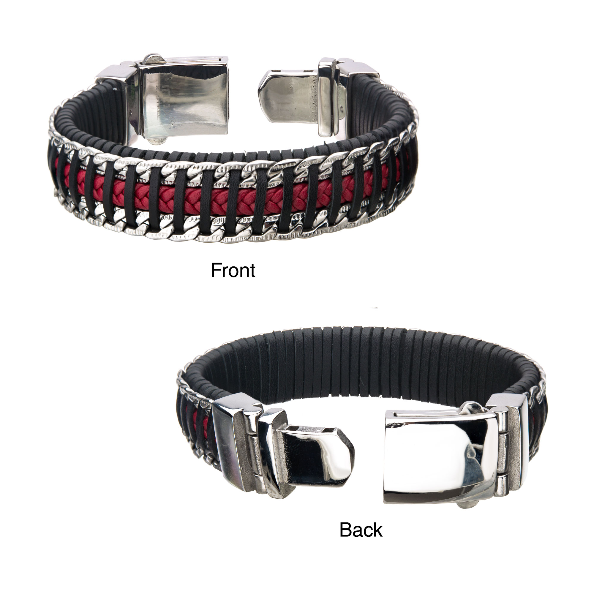 Red & Black Weave Leather with Steel Chain Bracelet Image 4 Enchanted Jewelry Plainfield, CT