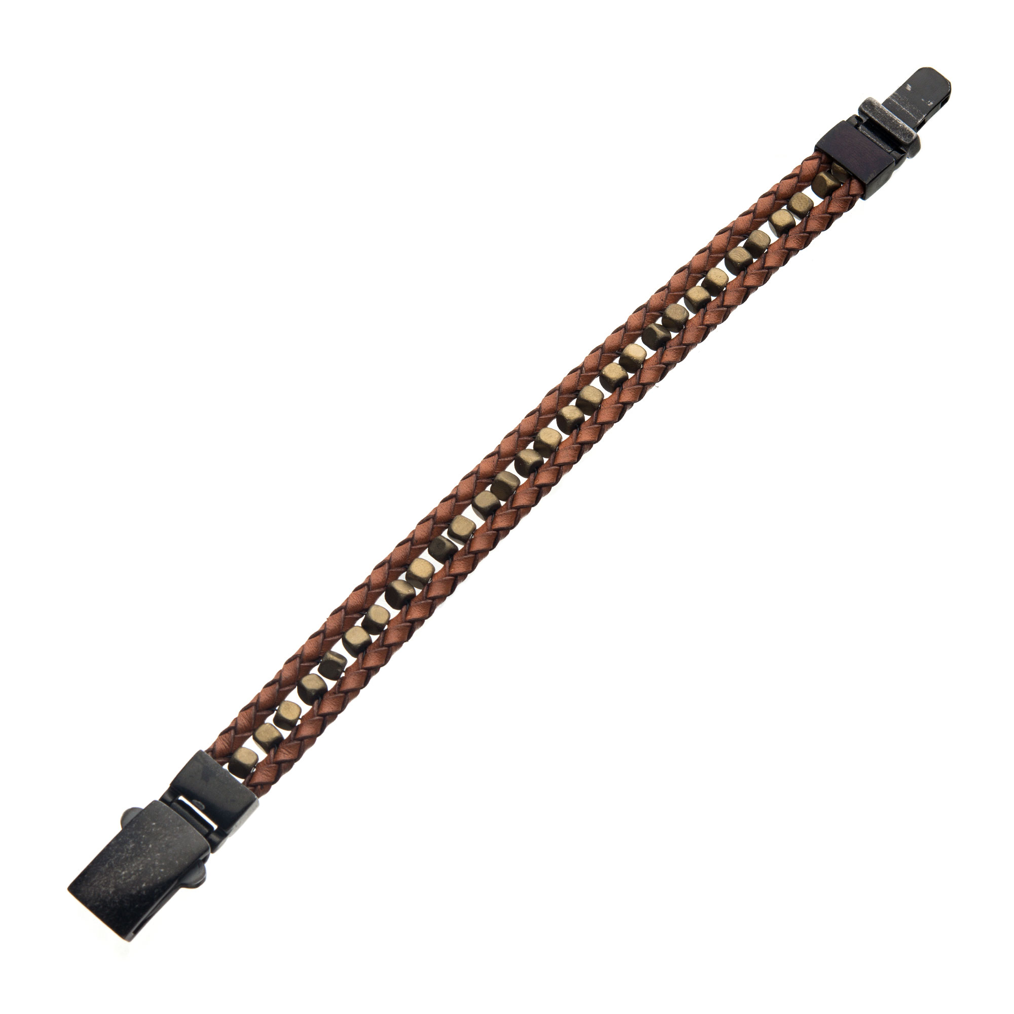 Brown Braided Leather with Gold Hematite Bead Bracelet Image 3 Milano Jewelers Pembroke Pines, FL