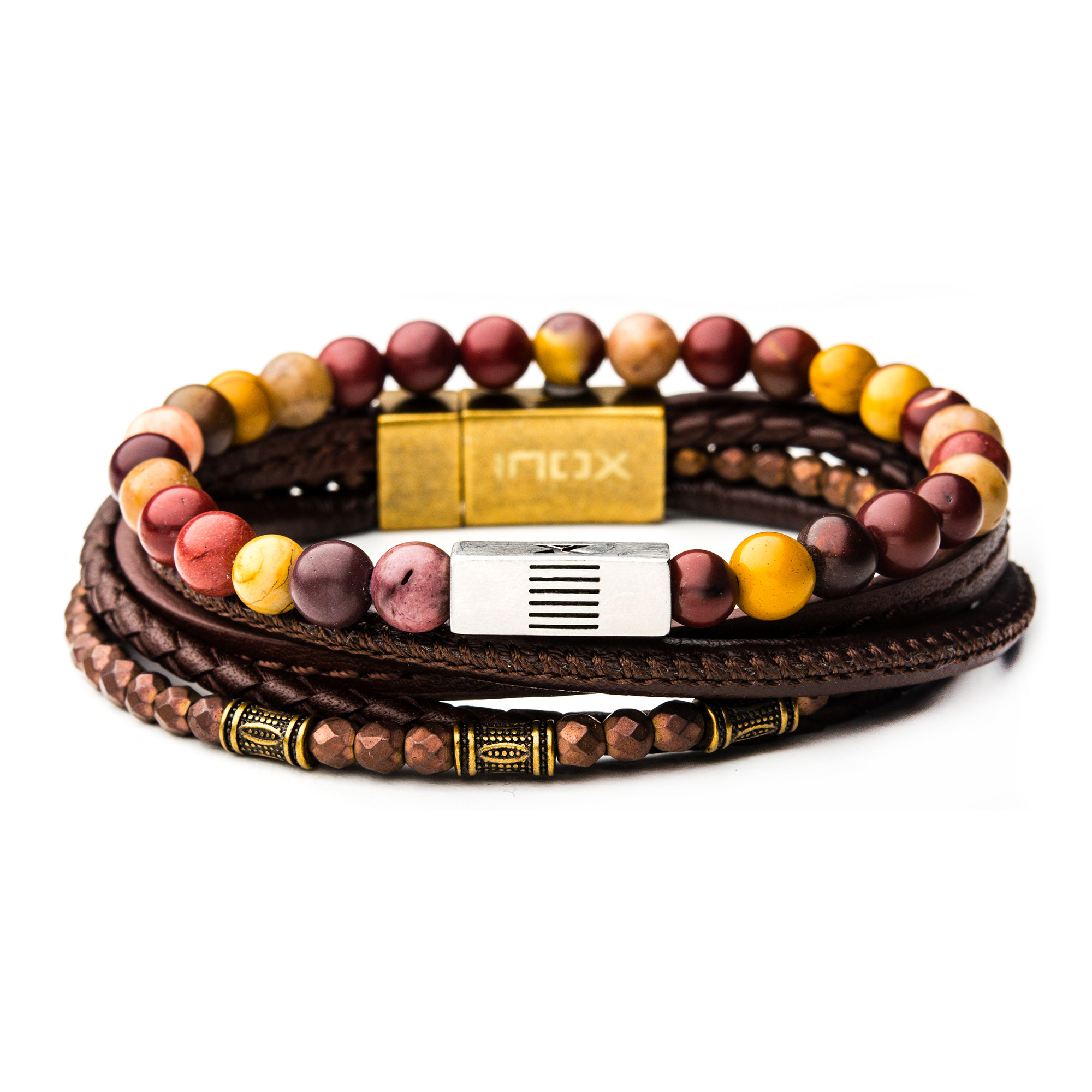 Multi Leather, Brown Steel Bead and Mookite Stackable Bracelets Enchanted Jewelry Plainfield, CT