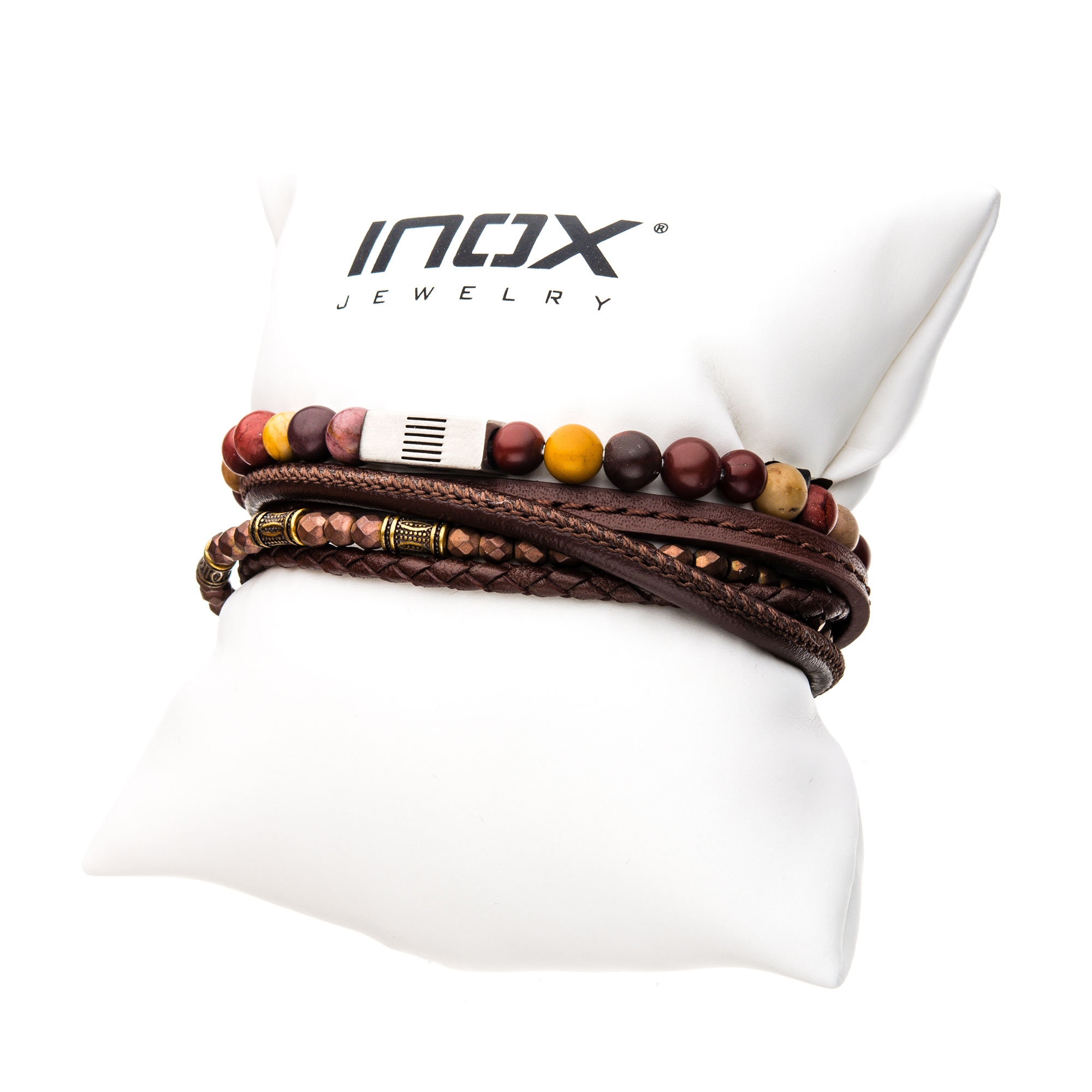 Multi Leather, Brown Steel Bead and Mookite Stackable Bracelets Image 2 Ritzi Jewelers Brookville, IN