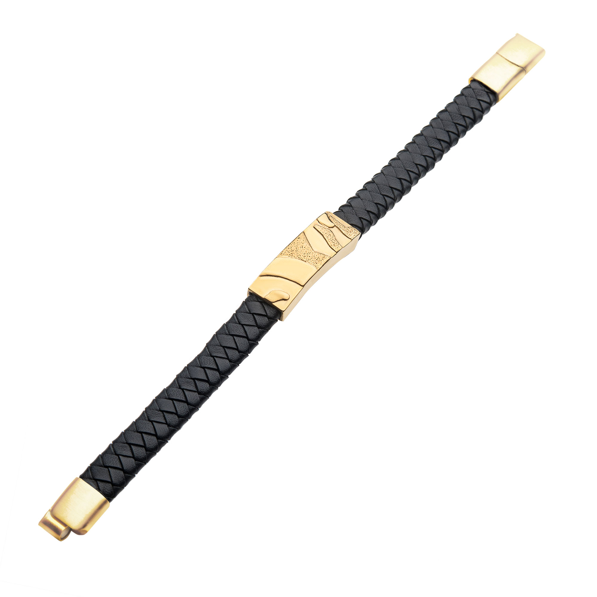 Black Leather with Gold Plated 3D Canyon Pattern Bracelet Image 2 Midtown Diamonds Reno, NV
