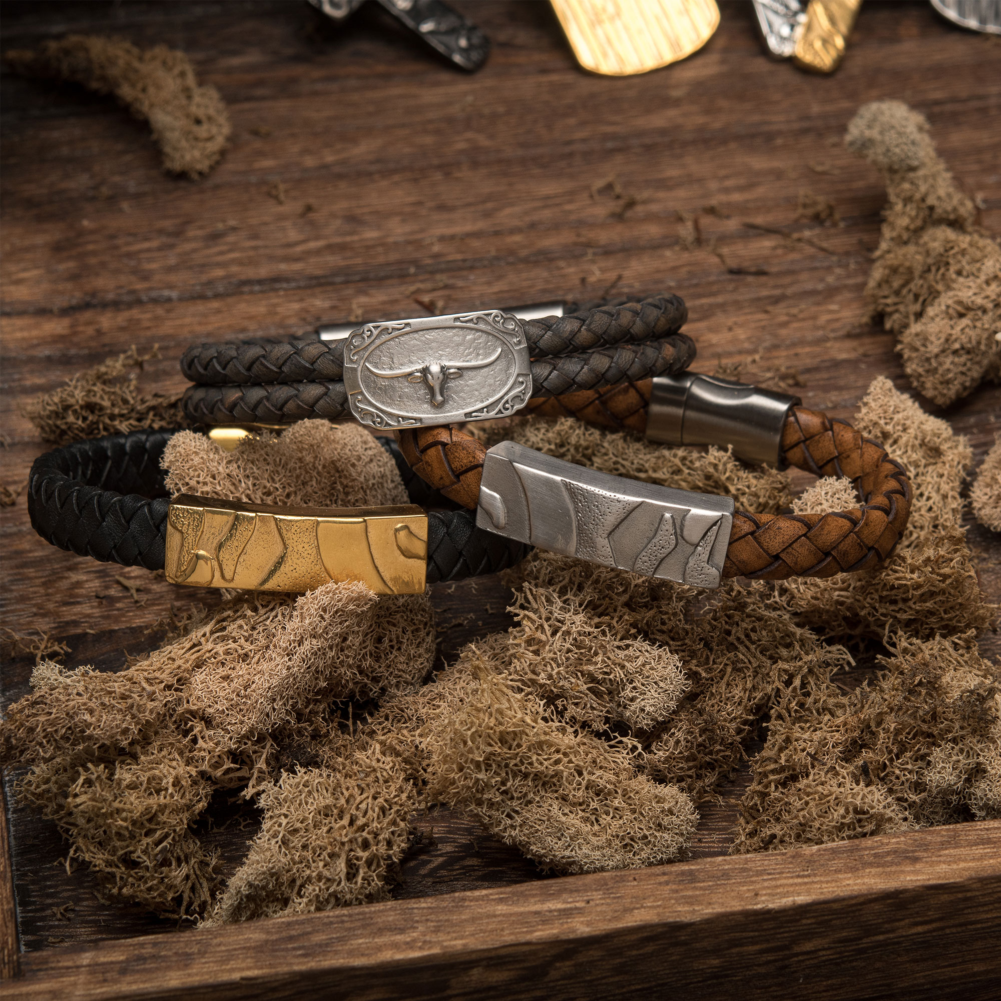 Brown Leather with Steel 3D Canyon Pattern Bracelet Image 5 K. Martin Jeweler Dodge City, KS