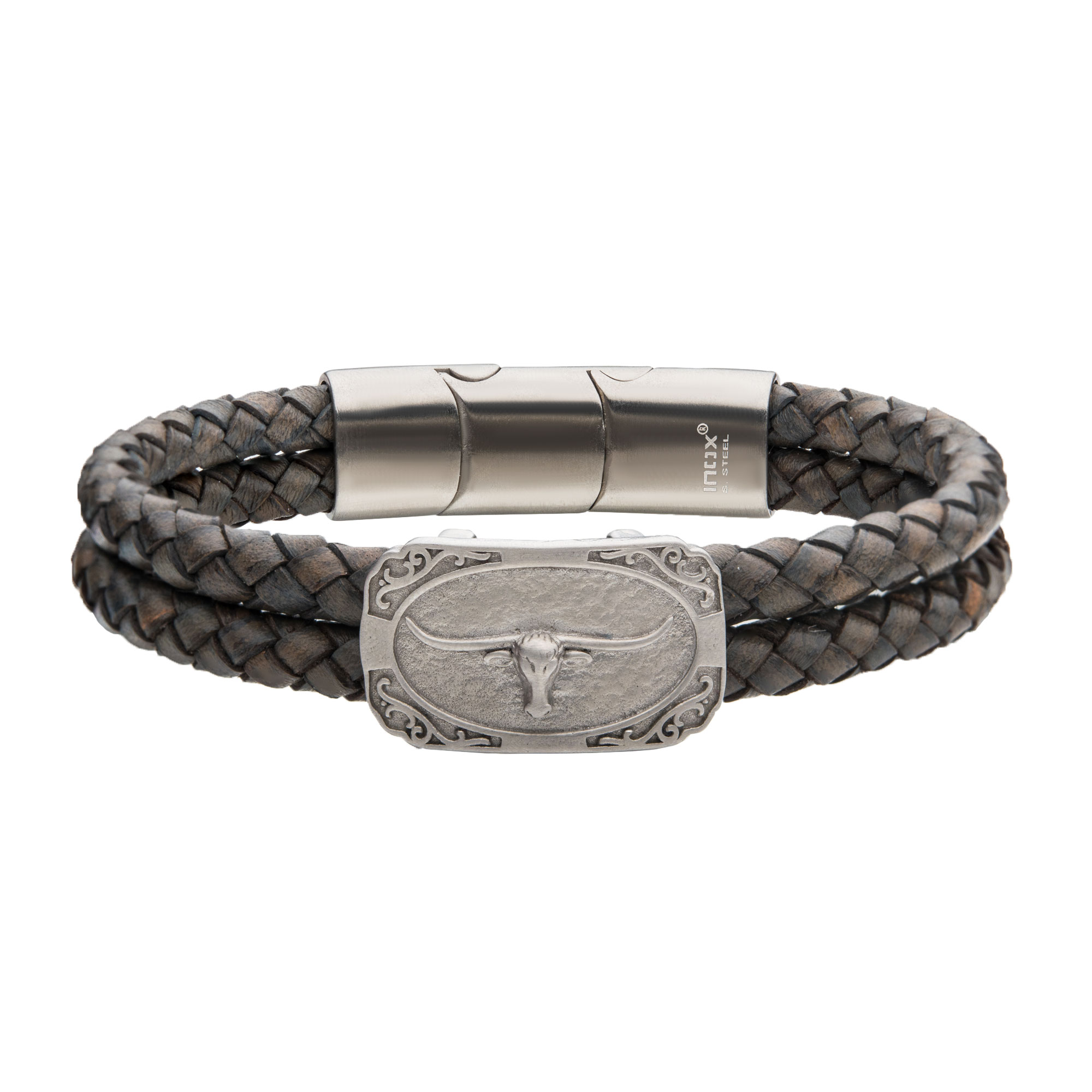 Double Strand Gray Leather with Brushed Steel Longhorn Bracelet Carroll / Ochs Jewelers Monroe, MI