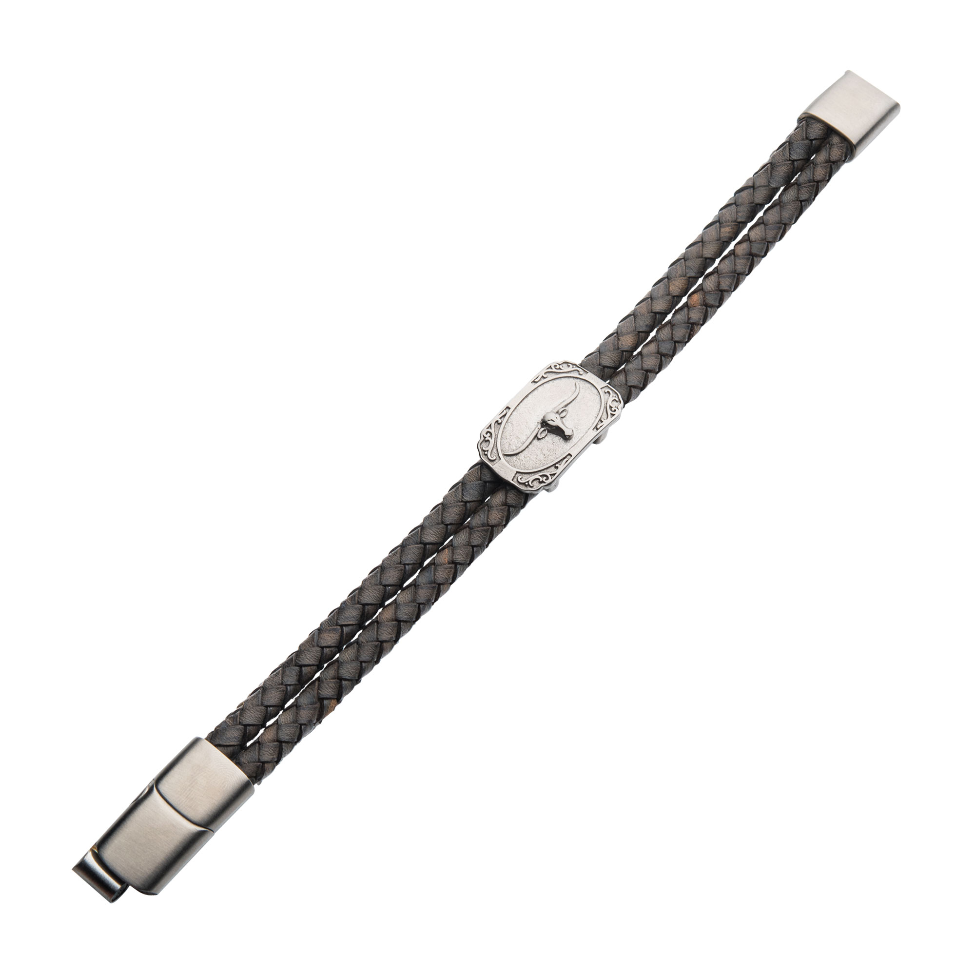 Double Strand Gray Leather with Brushed Steel Longhorn Bracelet Image 2 Midtown Diamonds Reno, NV