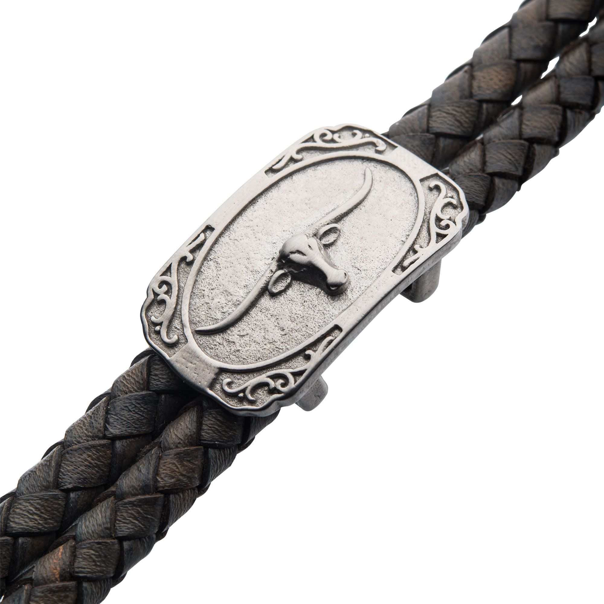 Double Strand Gray Leather with Brushed Steel Longhorn Bracelet Image 3 Milano Jewelers Pembroke Pines, FL
