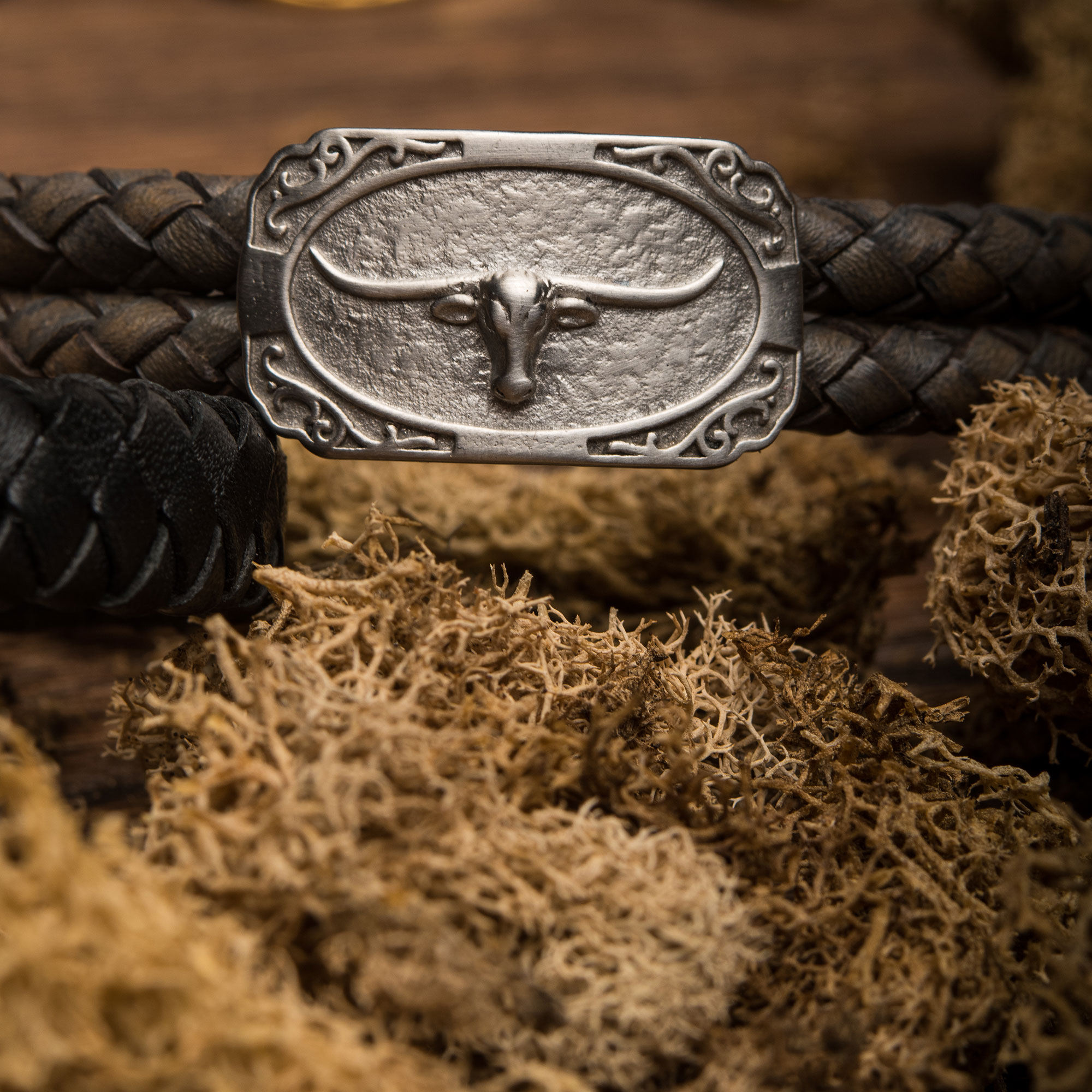 Double Strand Gray Leather with Brushed Steel Longhorn Bracelet Image 5 P.K. Bennett Jewelers Mundelein, IL