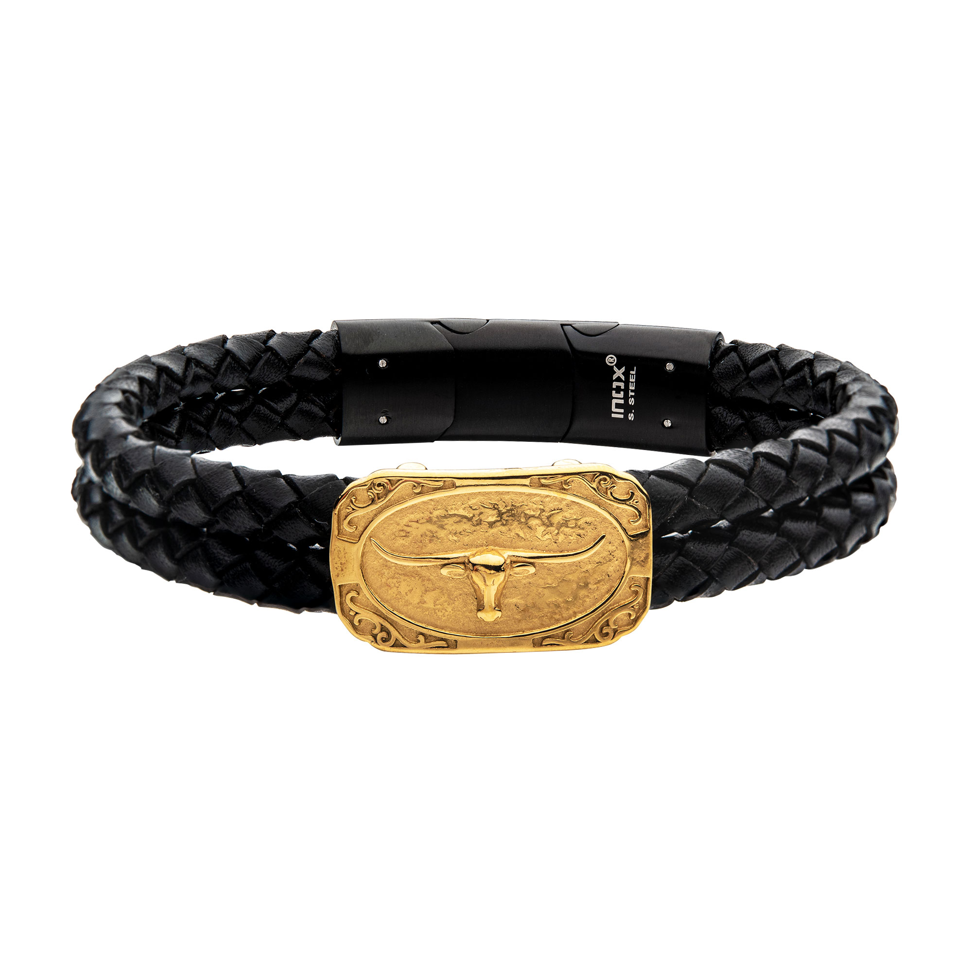 Double Strand Black Leather with Gold Plated Longhorn Bracelet Ken Walker Jewelers Gig Harbor, WA