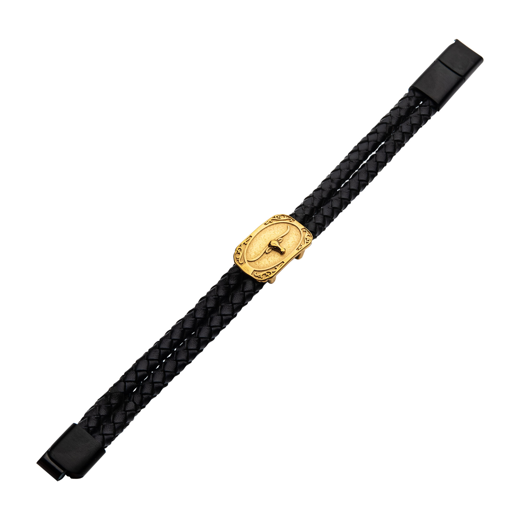 Double Strand Black Leather with Gold Plated Longhorn Bracelet Image 2 Ken Walker Jewelers Gig Harbor, WA