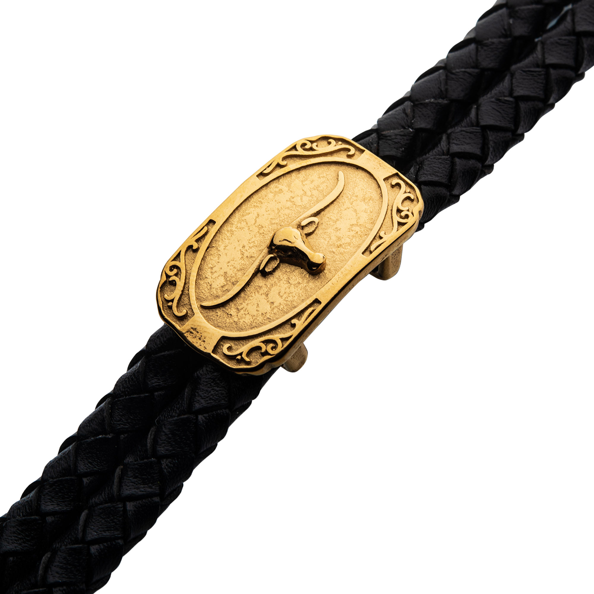 Double Strand Black Leather with Gold Plated Longhorn Bracelet Image 3 Milano Jewelers Pembroke Pines, FL