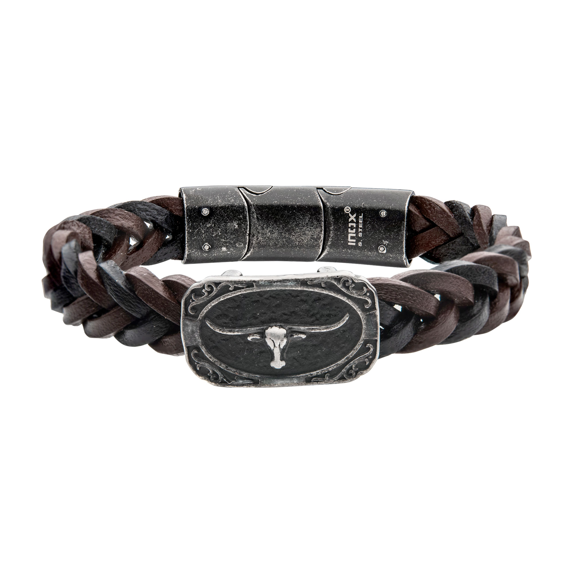 Black & Brown Braided Leather with Gun Metal Plated Longhorn Bracelet Enchanted Jewelry Plainfield, CT