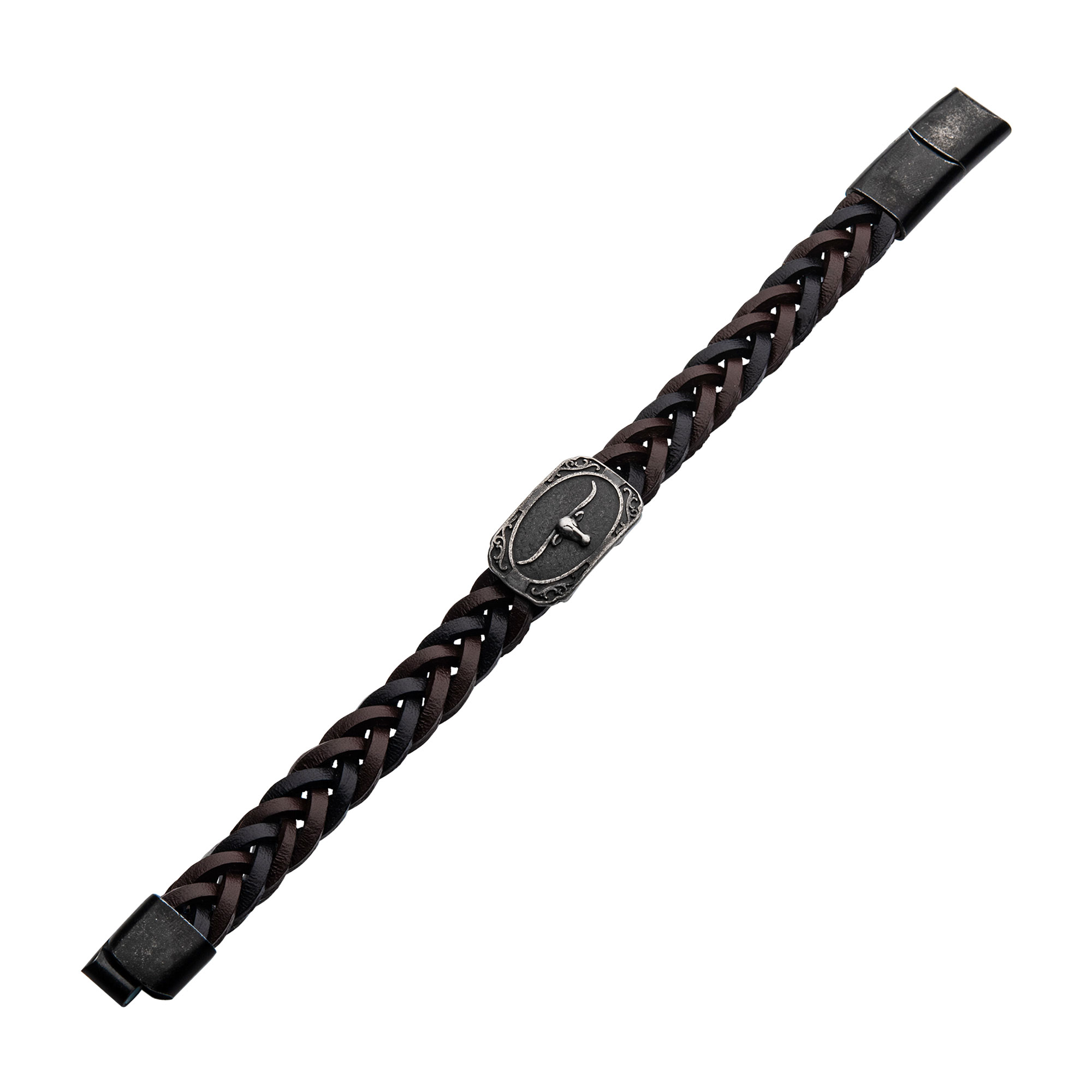Black & Brown Braided Leather with Gun Metal Plated Longhorn Bracelet Image 2 Morin Jewelers Southbridge, MA