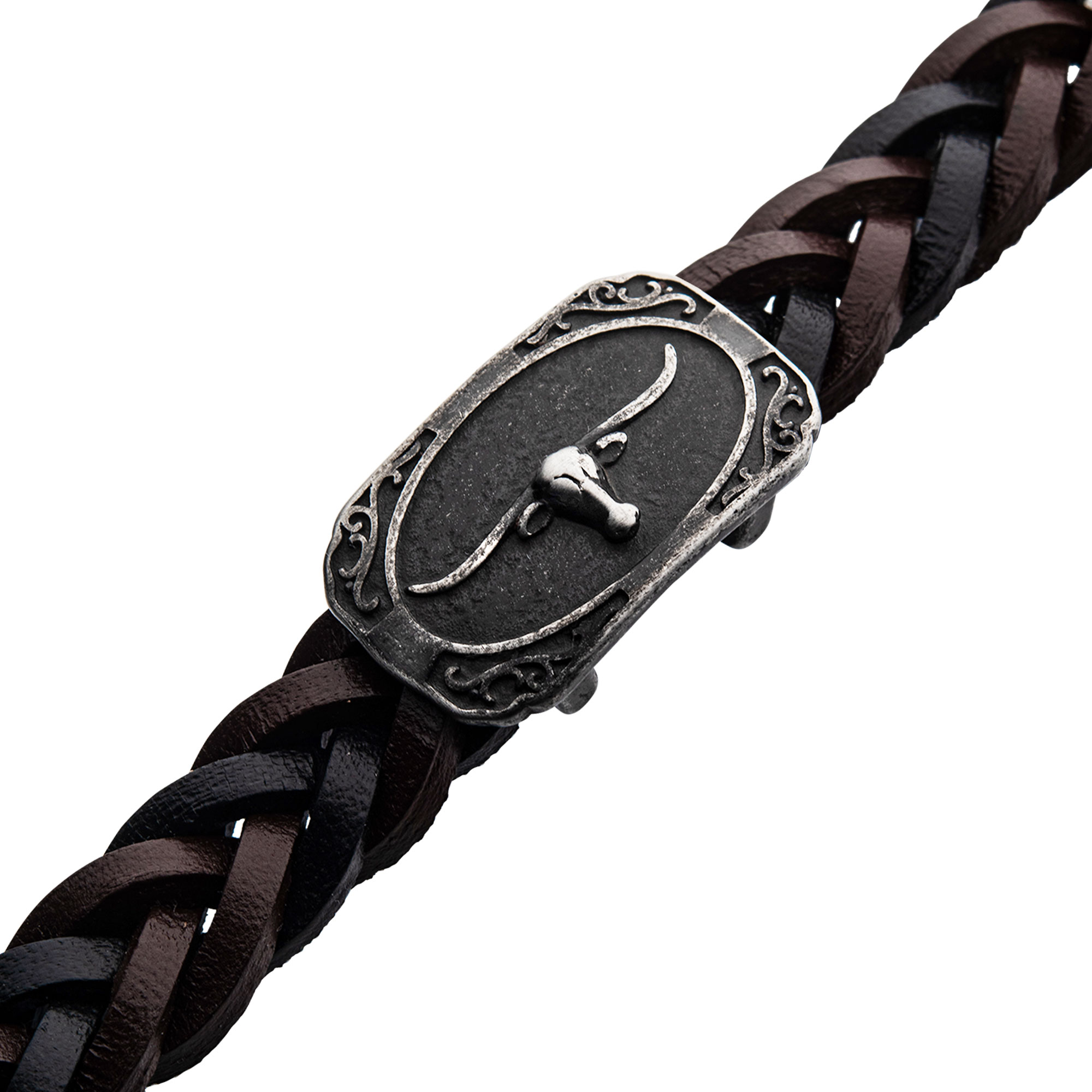 Black & Brown Braided Leather with Gun Metal Plated Longhorn Bracelet Image 3 Milano Jewelers Pembroke Pines, FL