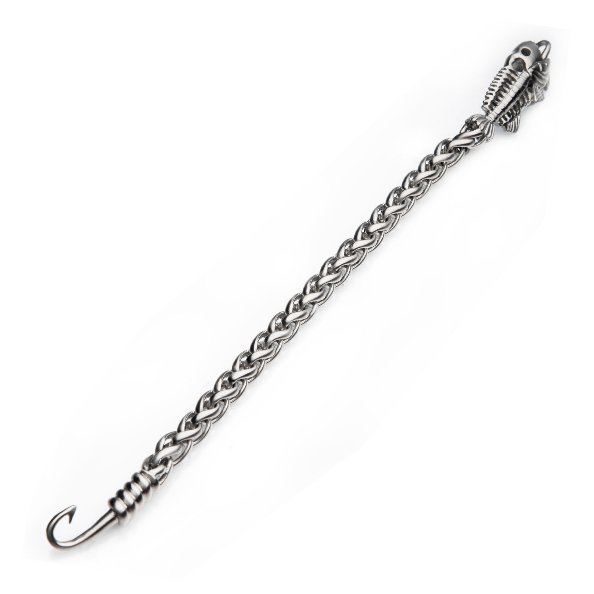 Polished Steel Wheat Chain with Fishbone on Hook Clasp Bracelet Image 2 Midtown Diamonds Reno, NV