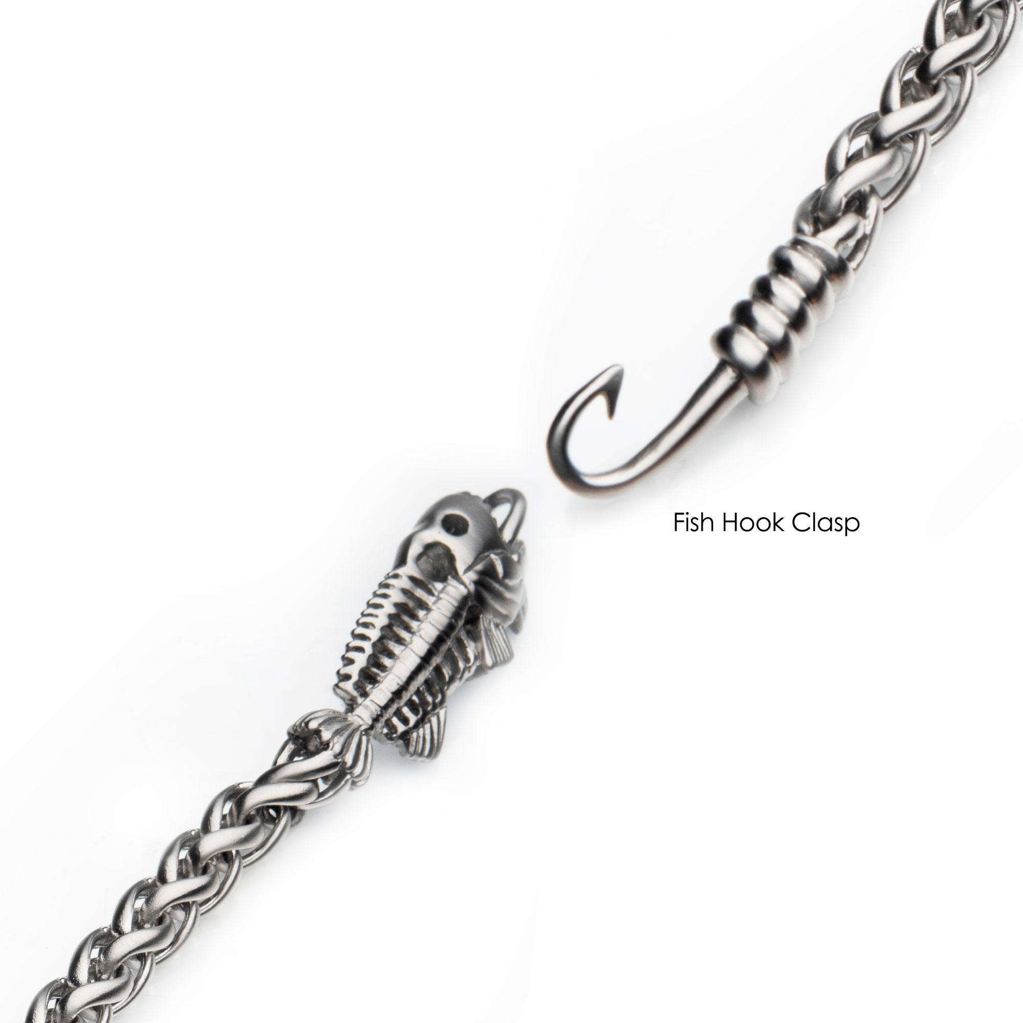 Polished Steel Wheat Chain with Fishbone on Hook Clasp Bracelet Image 3 Milano Jewelers Pembroke Pines, FL