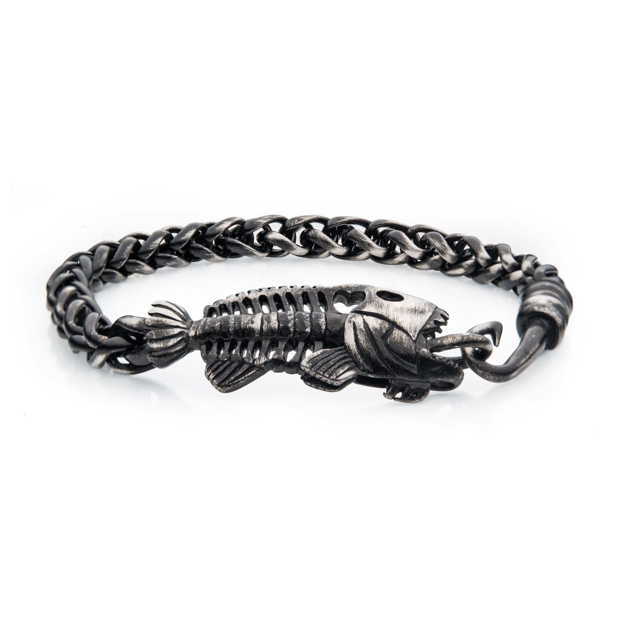 Gun Metal Plated Wheat Chain with Fishbone on Hook Clasp Bracelet Milano Jewelers Pembroke Pines, FL