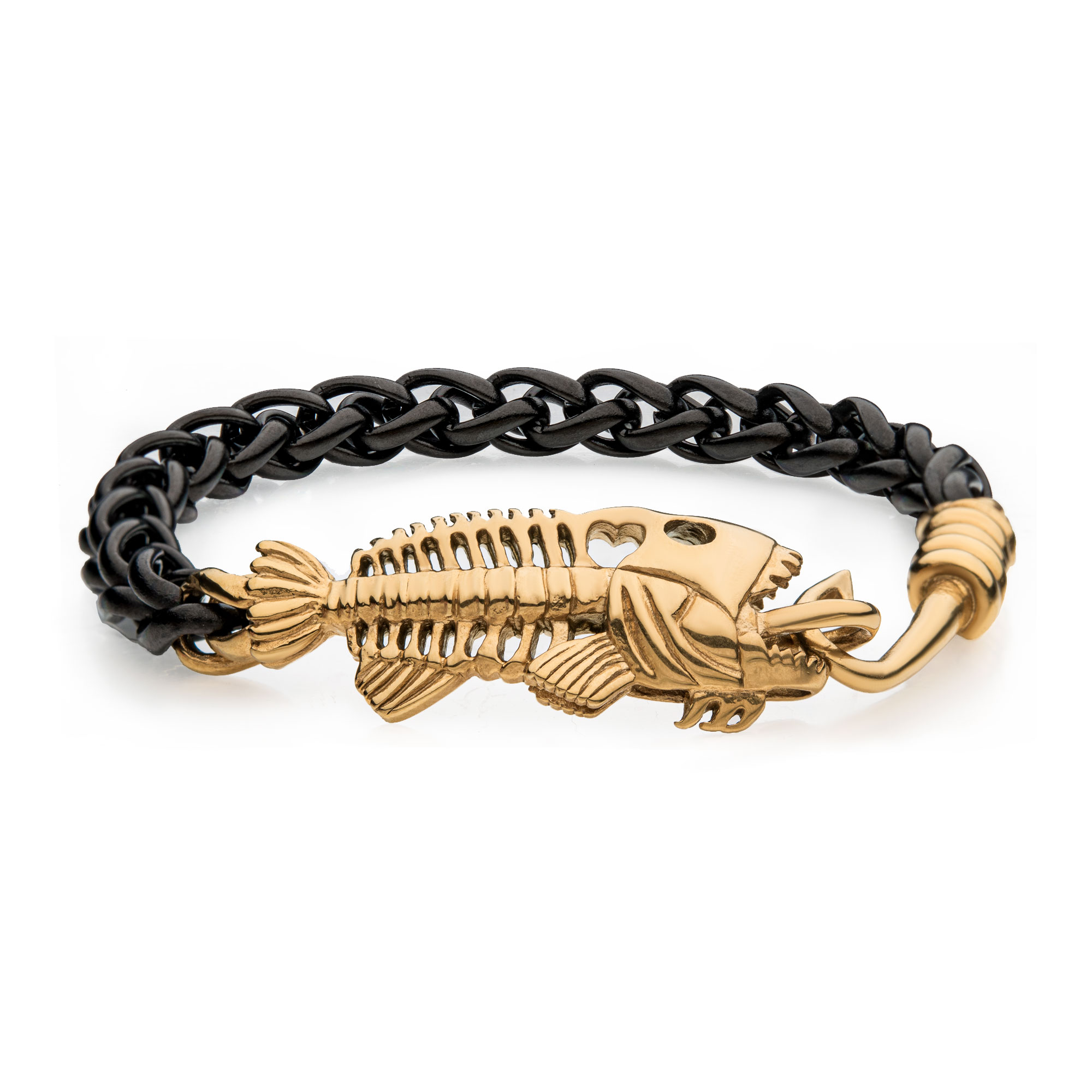 Black Plated Wheat Chain with Gold Plated Fishbone on Hook Clasp Bracelet Midtown Diamonds Reno, NV