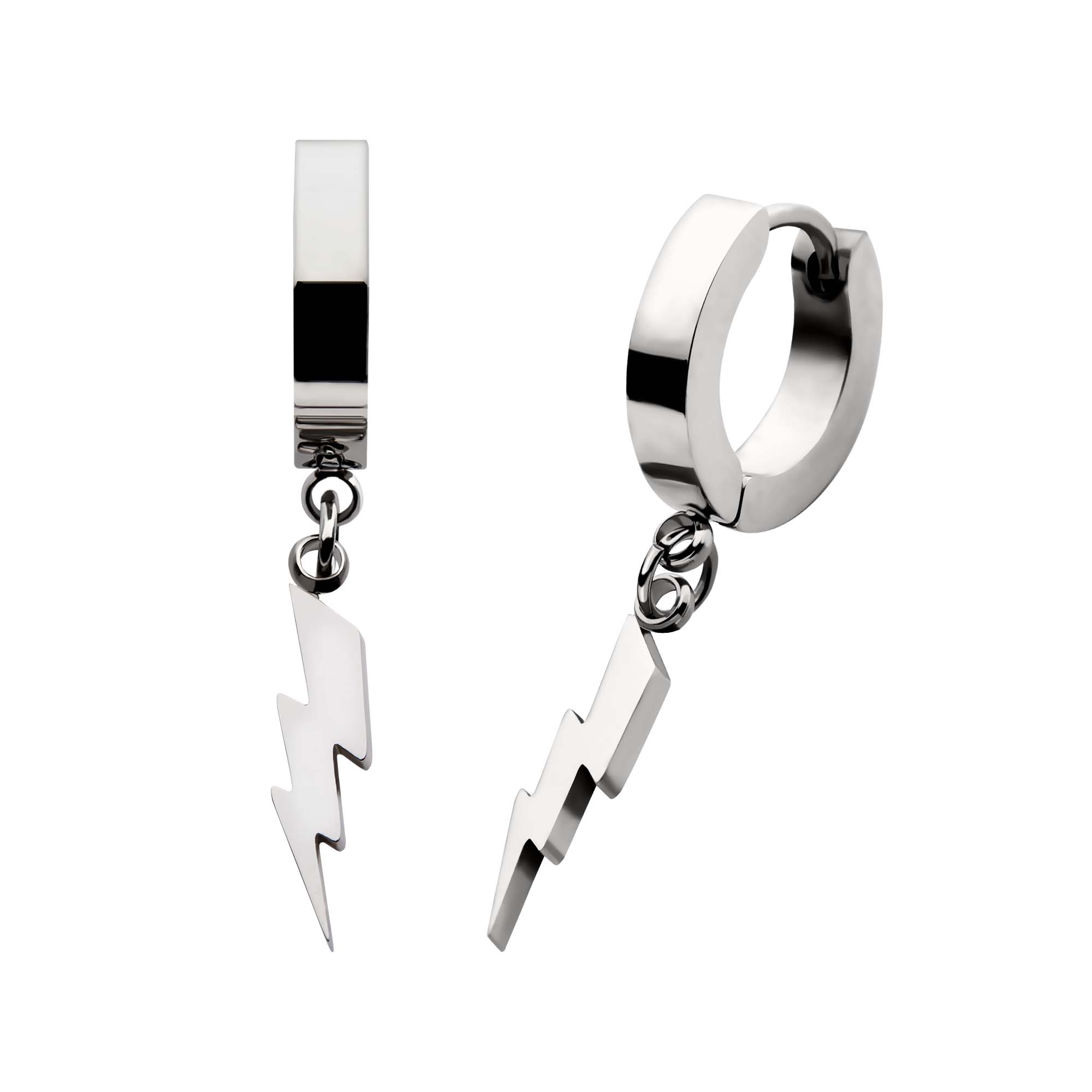 Stainless Steel Huggie Earrings with Lightning Bolt Charm Lewis Jewelers, Inc. Ansonia, CT
