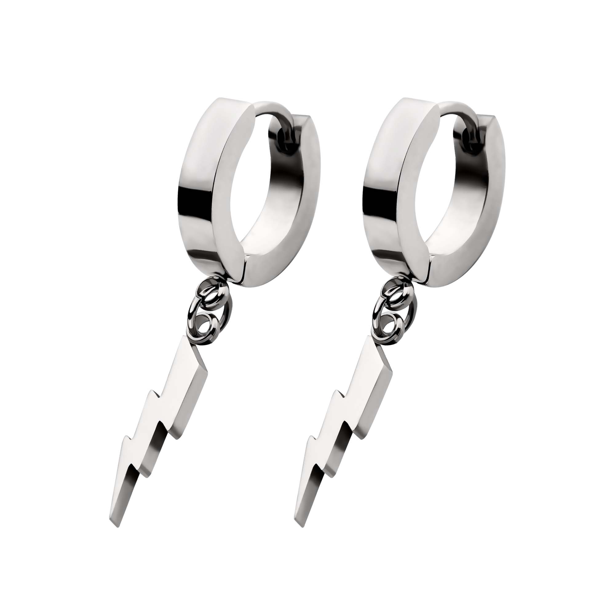 Stainless Steel Huggie Earrings with Lightning Bolt Charm Image 2 K. Martin Jeweler Dodge City, KS