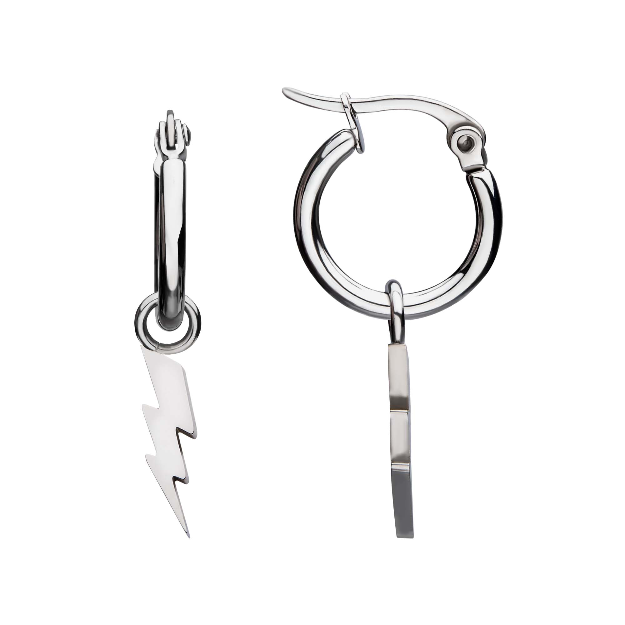 Stainless Steel Hoop Earrings with Lightning Bolt Charm Ken Walker Jewelers Gig Harbor, WA