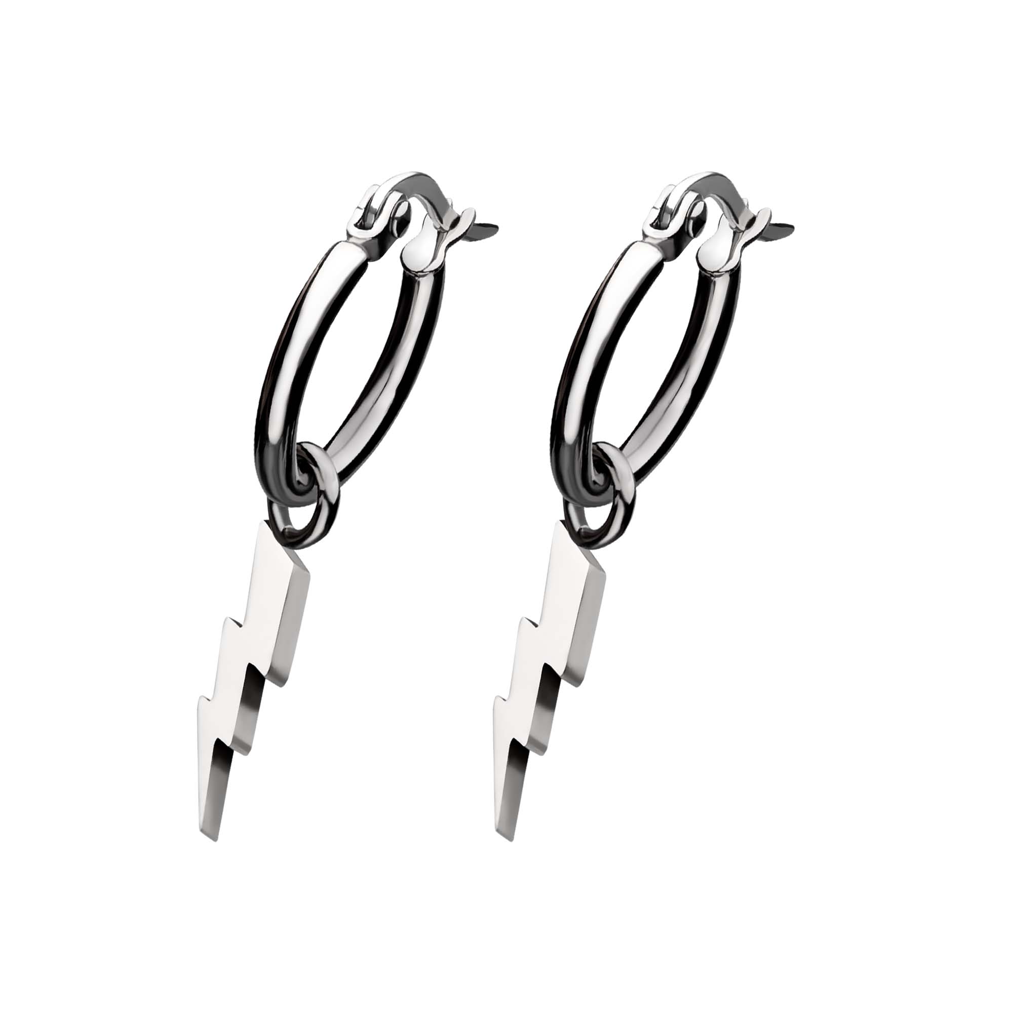 Stainless Steel Hoop Earrings with Lightning Bolt Charm Image 2 Midtown Diamonds Reno, NV