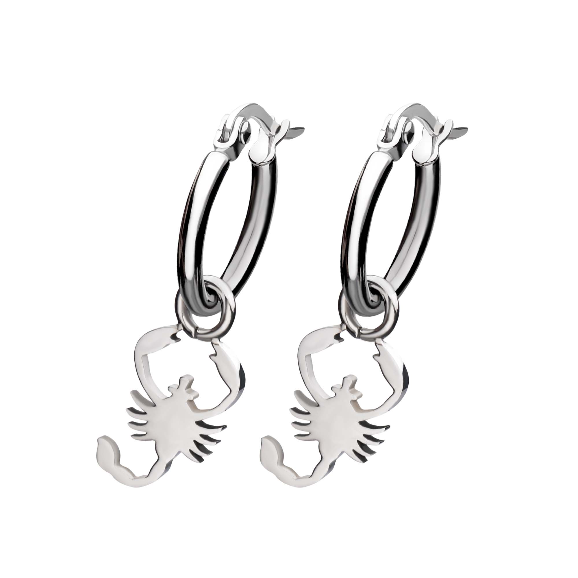 Stainless Steel Hoop Earrings with Scorpio Charm Image 2 P.K. Bennett Jewelers Mundelein, IL