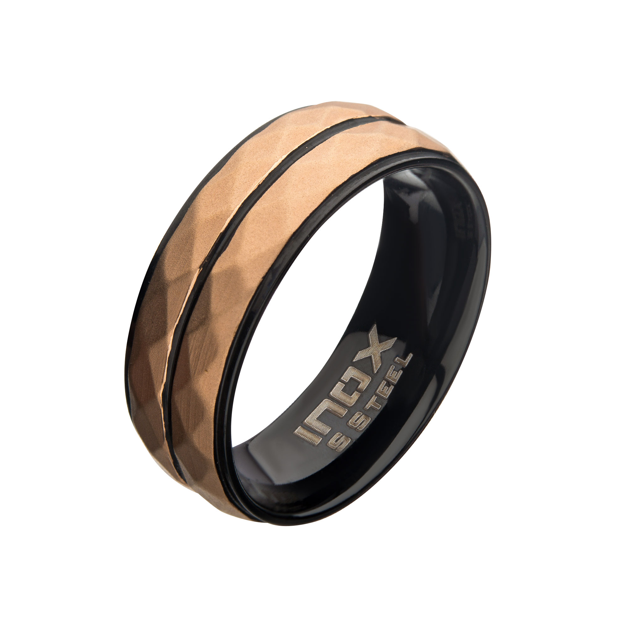 Stainless Steel with Matte Black & Rose Gold IP Double Hammered Ring Mueller Jewelers Chisago City, MN