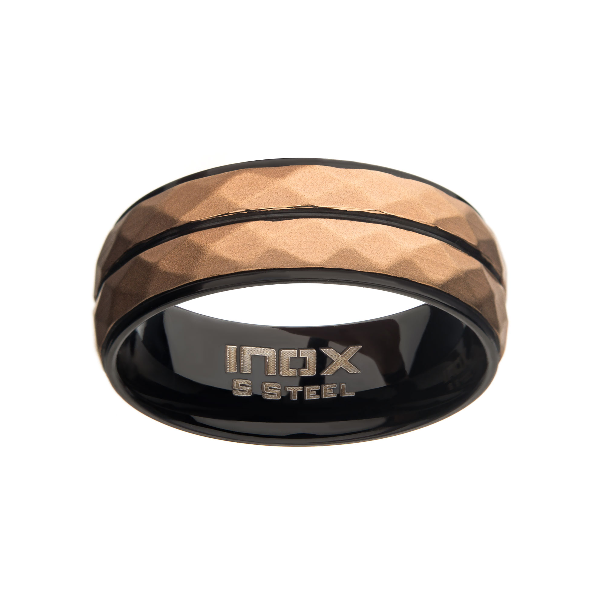 Stainless Steel with Matte Black & Rose Gold IP Double Hammered Ring Image 2 Lewis Jewelers, Inc. Ansonia, CT