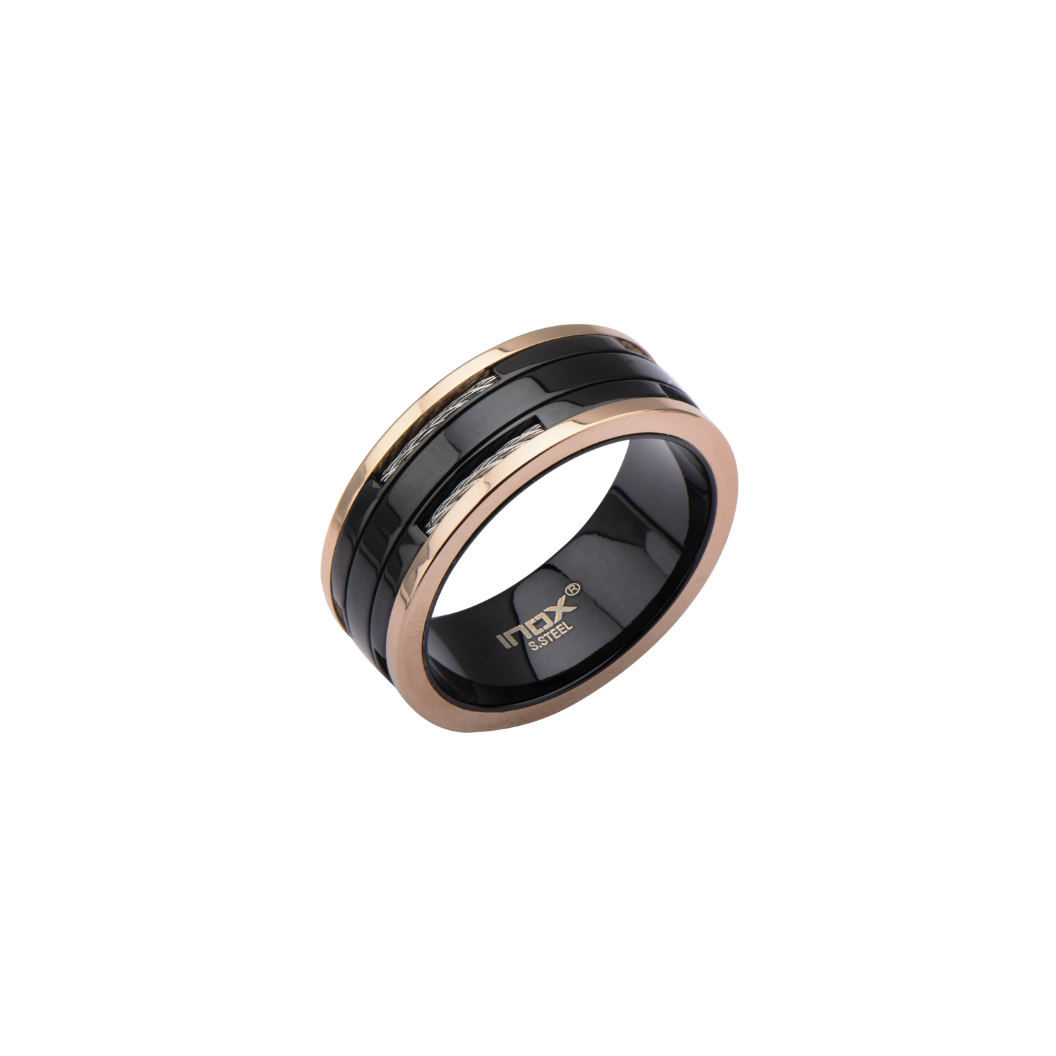Black Plated and Rose Gold Plated Ring with Inlayed Cable Milano Jewelers Pembroke Pines, FL