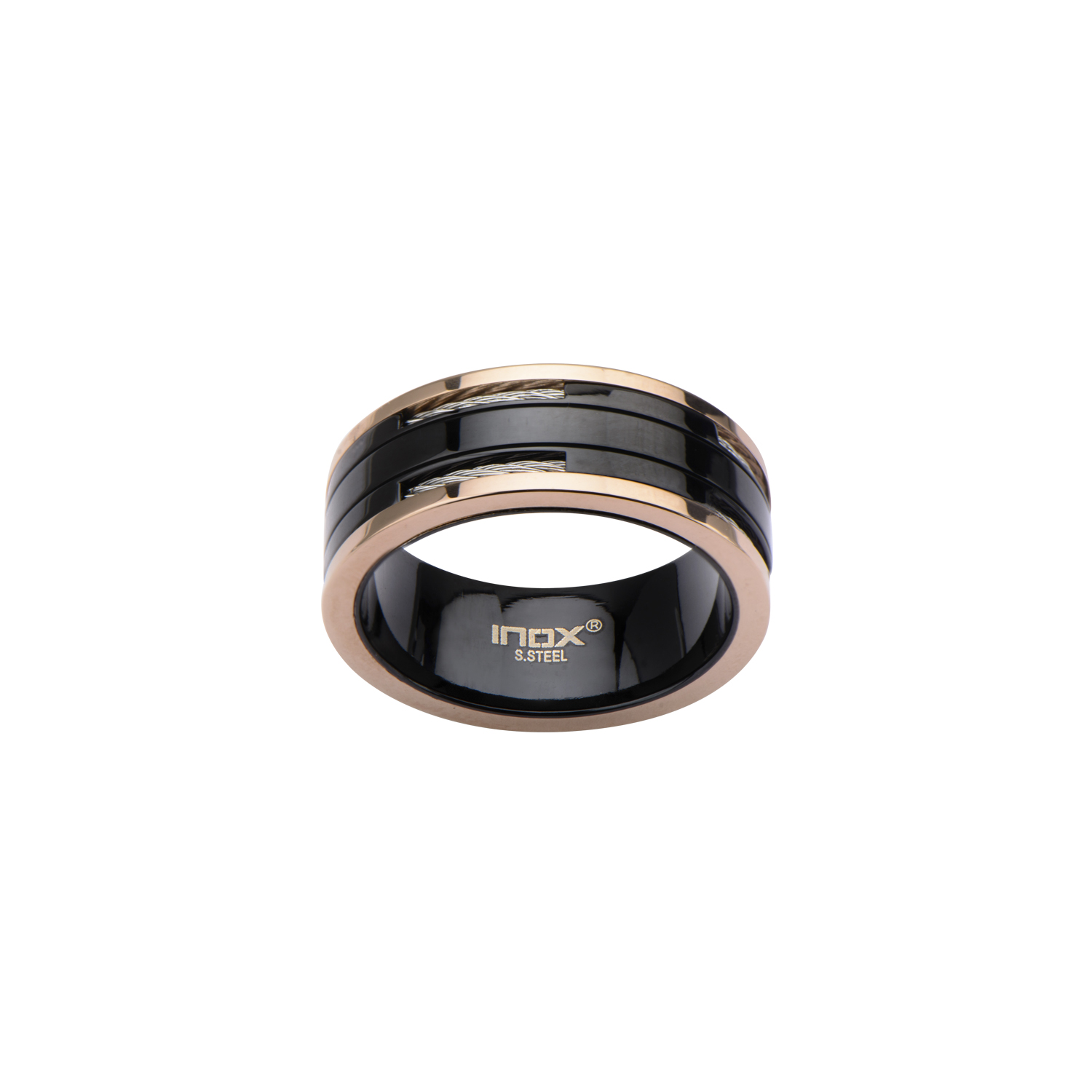 Black Plated and Rose Gold Plated Ring with Inlayed Cable Image 2 Milano Jewelers Pembroke Pines, FL