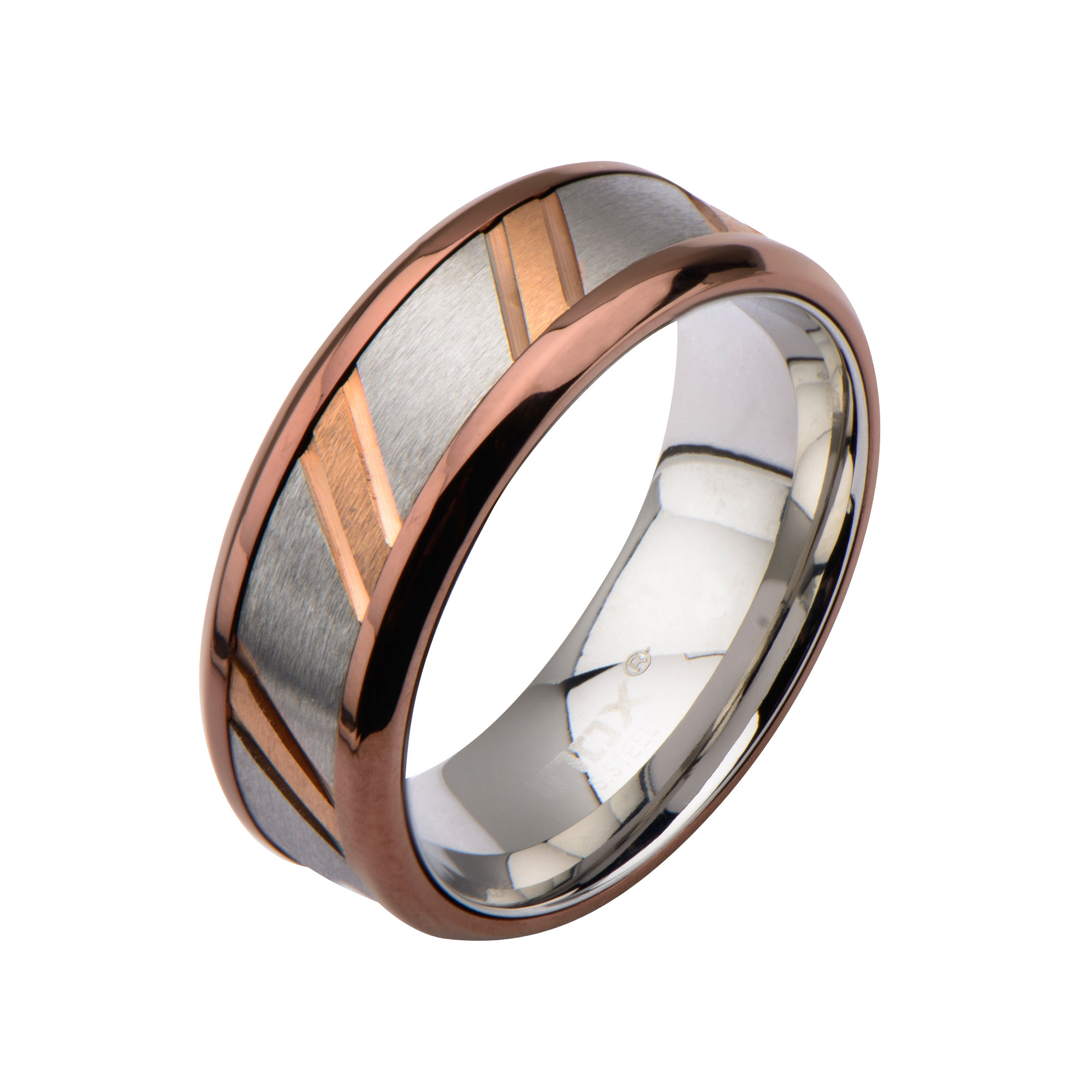 Rose Gold Plated & Steel Ring with Diagonal Lines Milano Jewelers Pembroke Pines, FL