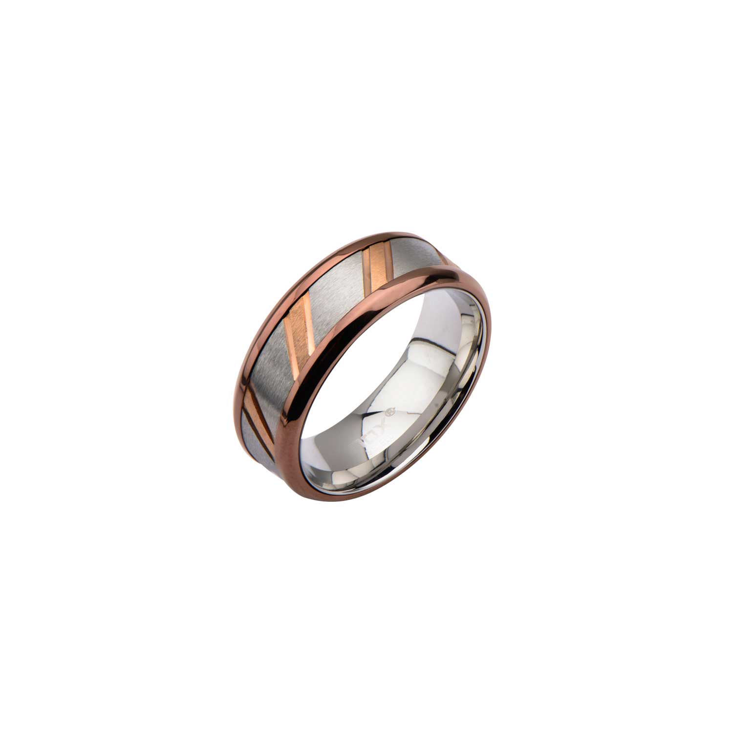 Rose Gold Plated & Steel Ring with Diagonal Lines Image 3 Midtown Diamonds Reno, NV